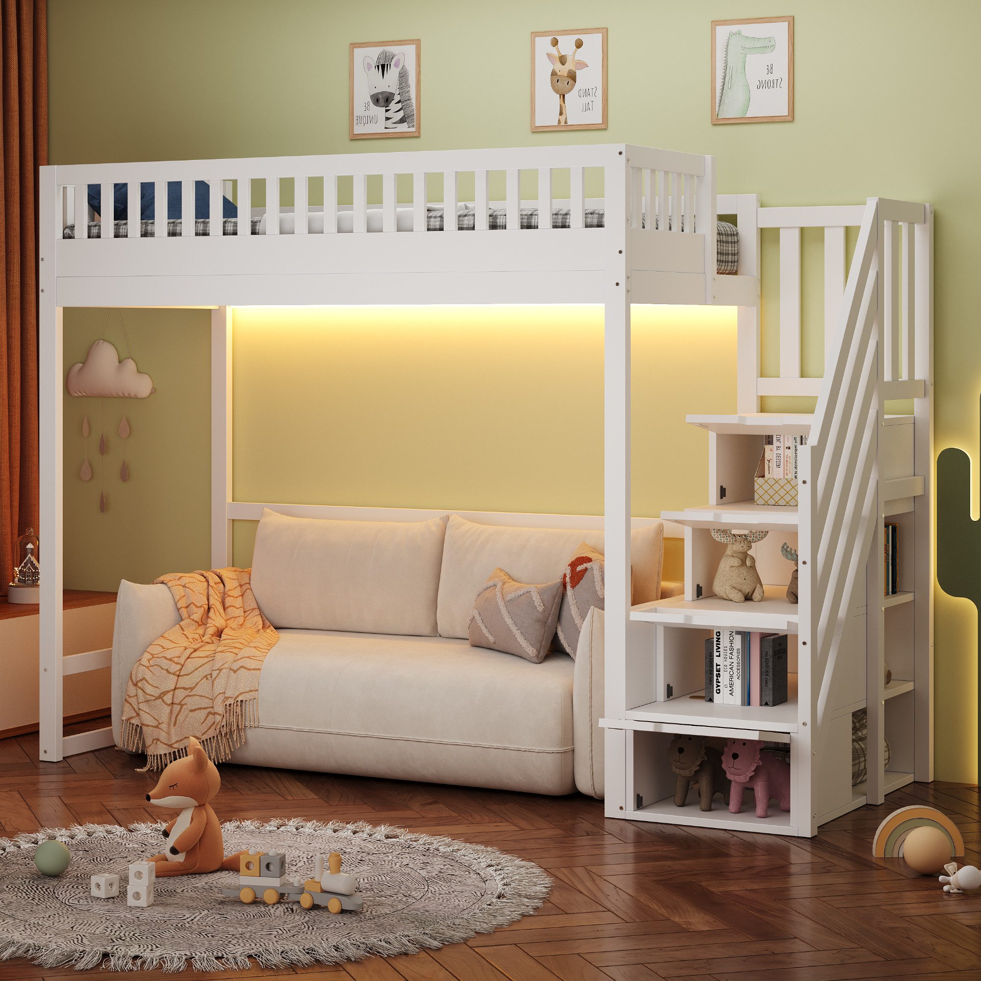 OKWISH Hochbett Jugendbett Stauraumbett (mit LED-Lichtleiste, massiver Kiefernholzrahmen, Sicherheitsgeländer und austauschbaren Sicherheitsleitern, 90x200 cm) ohne Matratze