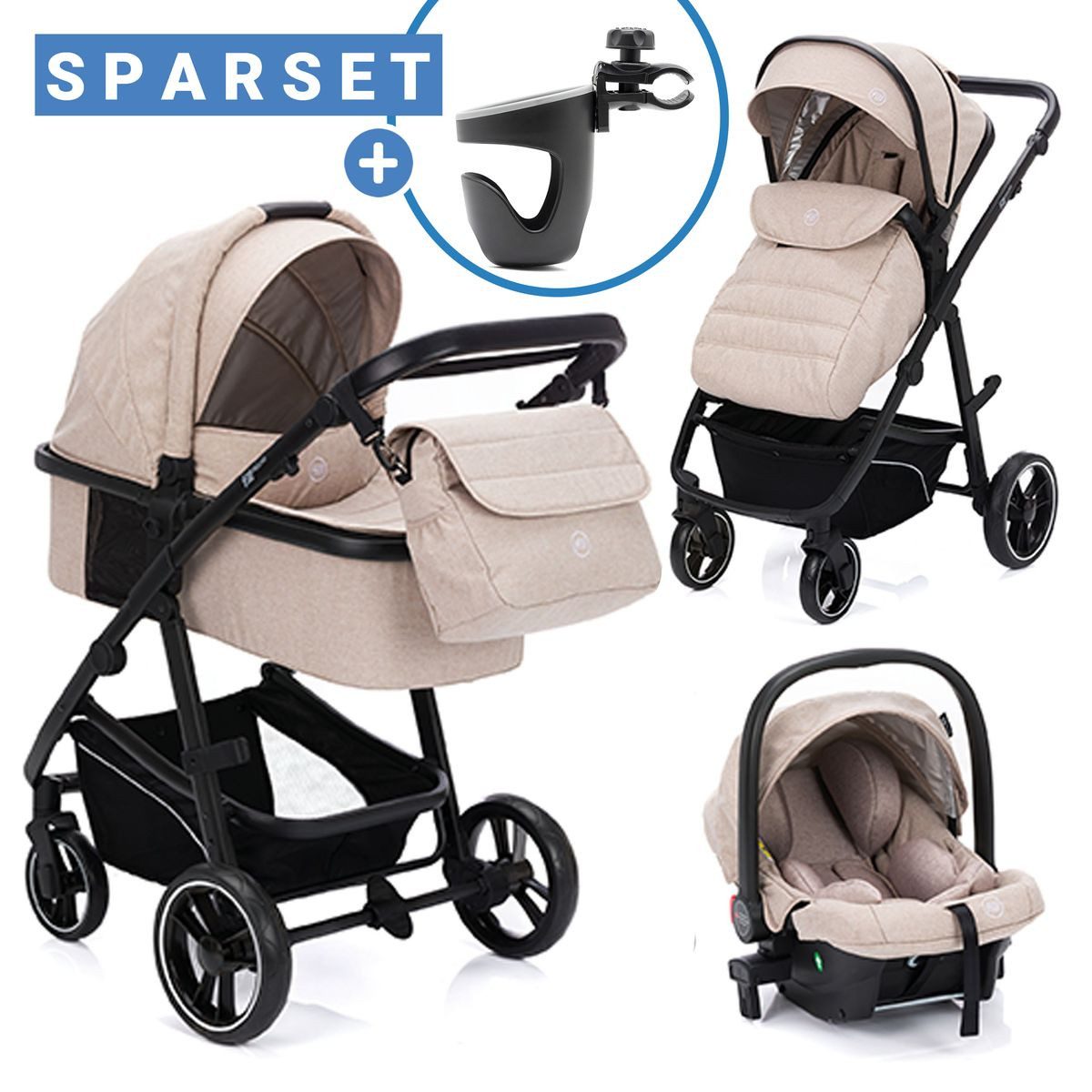 Fillikid Kombi-Kinderwagen Fill Jaguar Set - Sand, 3in1 Kinderwagen mit Babyschale, Babywanne, Sportsitz & Wickeltasche