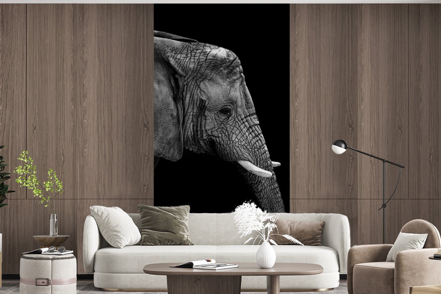 St), Wohnzimmer Fototapete - (2 MuchoWow Fototapete Matt, und Vliestapete für Schwarz weiß Elefant Porträt - - Tiere, bedruckt, Schlafzimmer Küche,