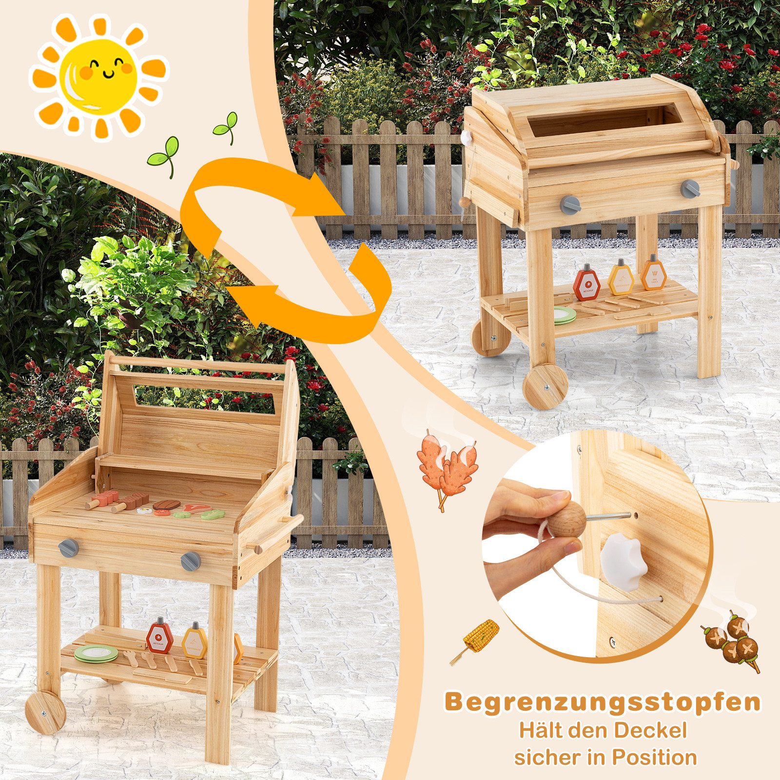 COSTWAY Kinder-Grill, Kinder BBQ, Outdoor Spielgrill Holz