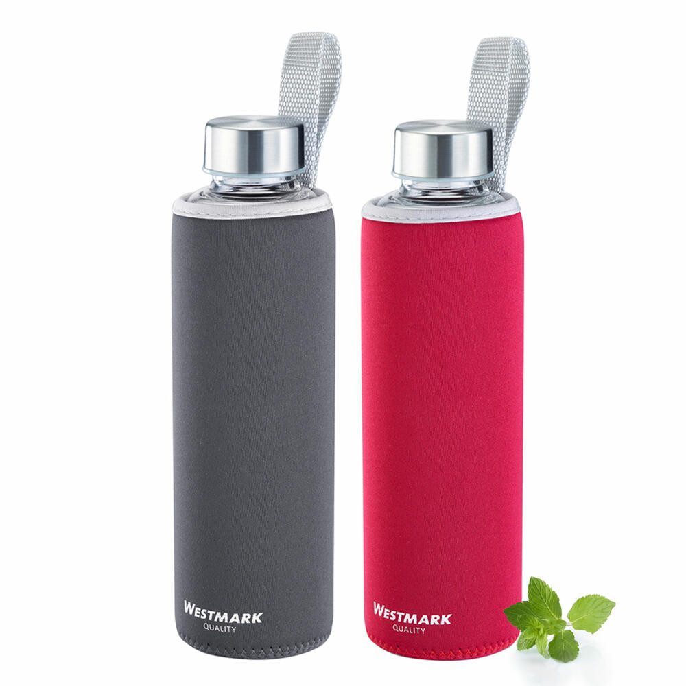 WESTMARK Trinkflasche 2 Stk., aus Glas mit Aufdruck, inkl. Schutzhülle, je 550 ml, Viva