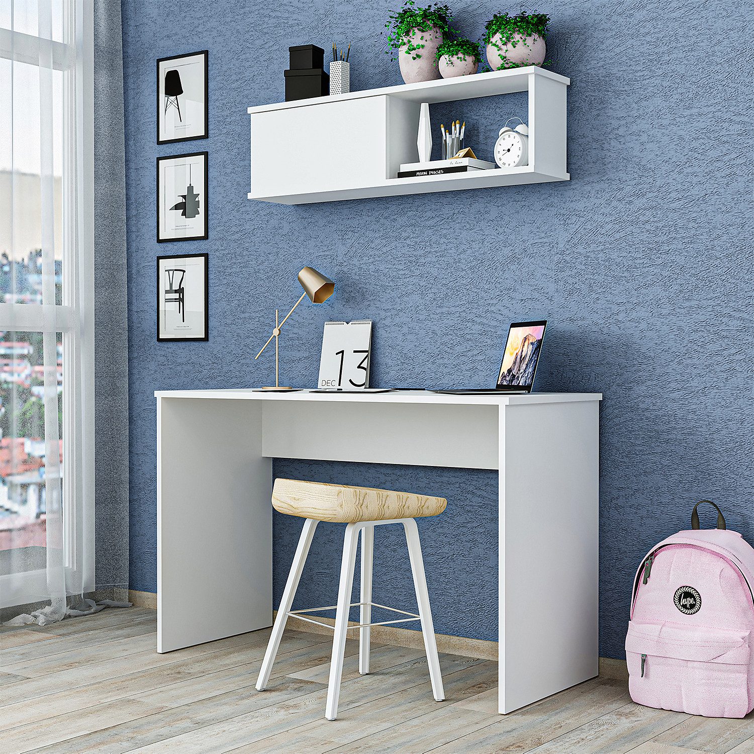Roomart Schreibtisch Schreibtisch SERA 120cm mit Wandschrank offenes Fach Home-Office Weiß (2-teiliges Set (Tisch + Wandschrank), Set mit Wandschrank, offenes und geschlossenes Fach