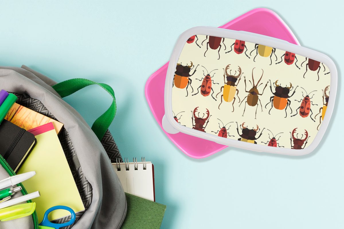 für Brotdose Insekten, Erwachsene, Kinder, Muster MuchoWow Kunststoff Mädchen, Snackbox, - - rosa Lunchbox Kunststoff, Käfer Brotbox (2-tlg),