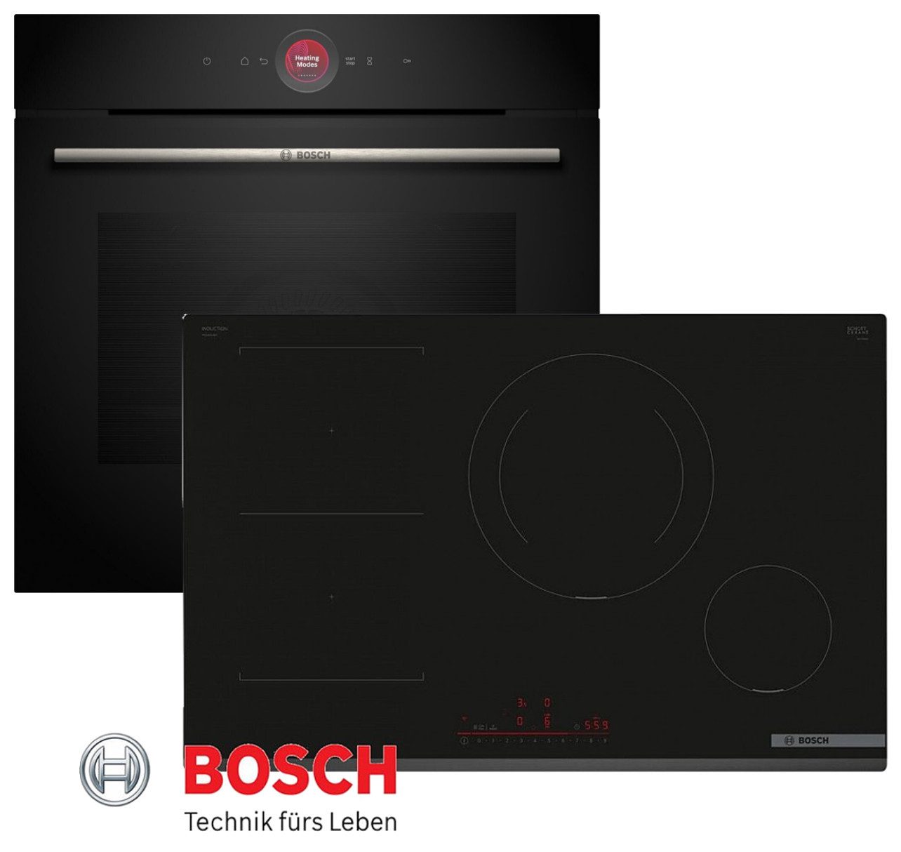BOSCH Induktions Herd-Set HBG7341B1 Autark Einbaubackofen Serie 8 mit Indiktionkochfeld 80cm, mit Teleskopauszug nachrüstbar, 2,5“-TFT-color and text Display mit Touch-Control-Tasten