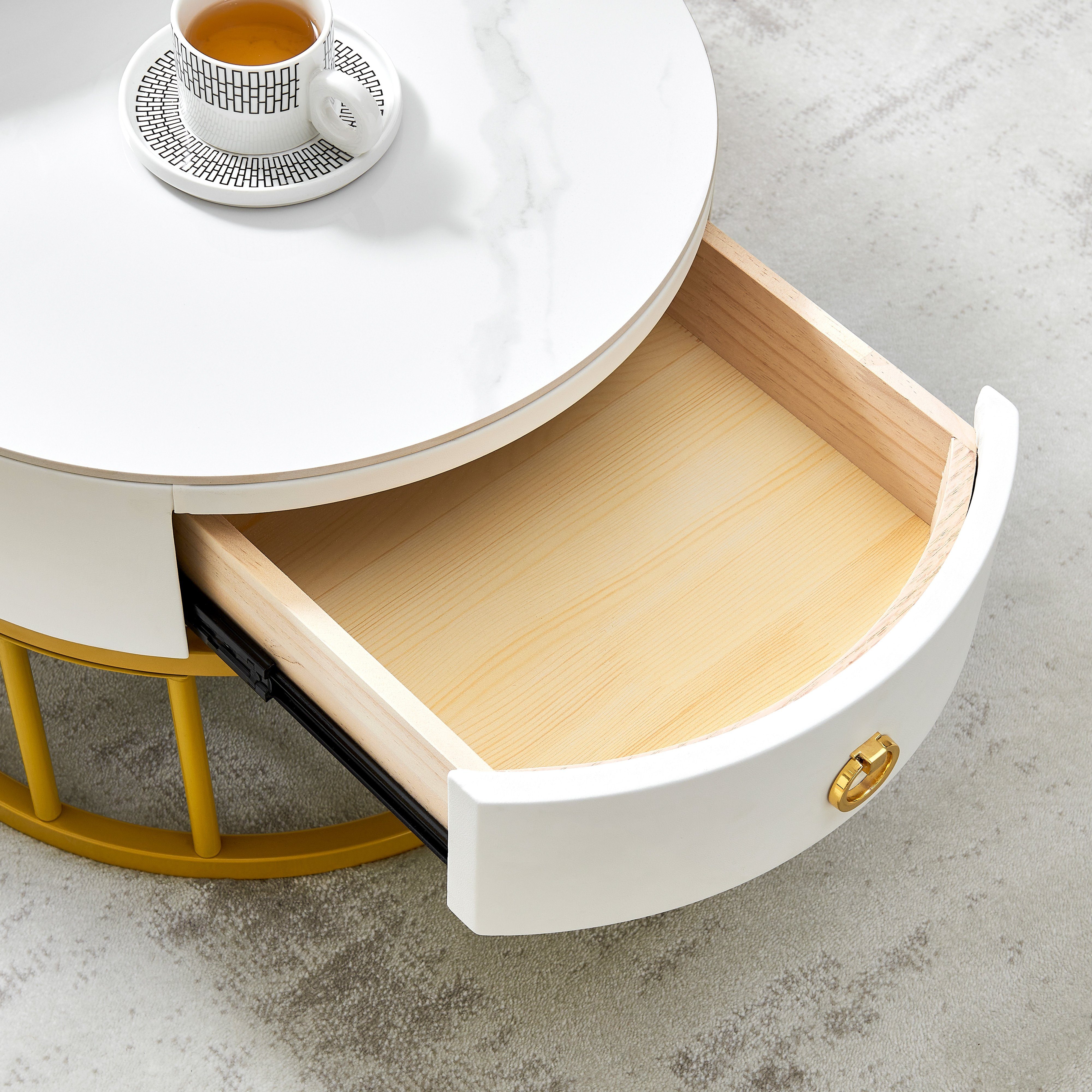 WISHDOR Satztisch Kaffeetisch mit Beistelltisch Wohnzimmertisch (2-teiliges Set, Schublade goldfarben Schiefer-Tischplatte, Couchtisch Lötstellenstruktur) Keine