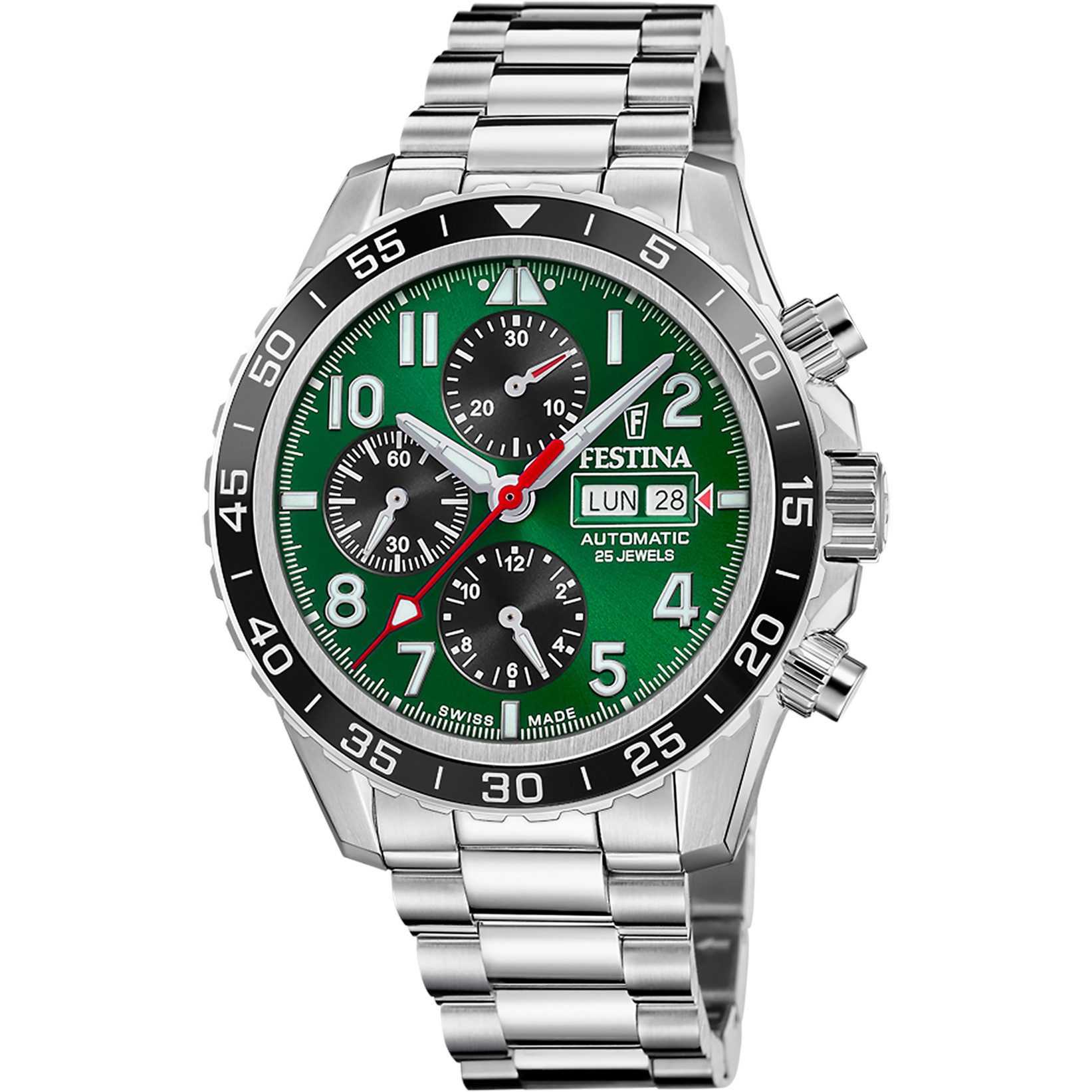 Festina Automatikuhr Chronograph – Swiss Made, Grün, Edelstahlband, 45,8 mm, F20055/2, für Herren, sportliches Design