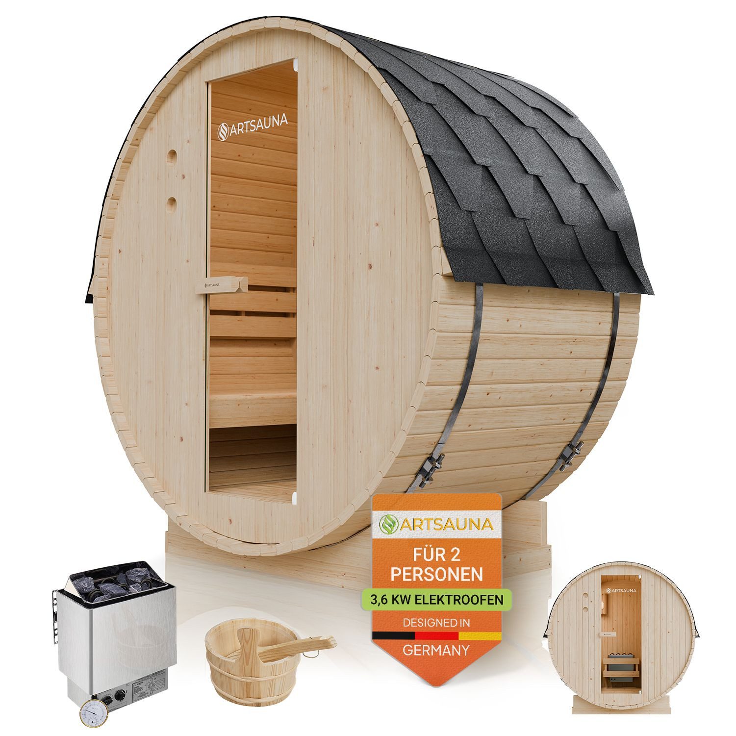 Artsauna Fasssauna Spitzbergen 120, BxTxH: 191 x 120 x 193 cm, für 2 Personen, Fichtenholz, 3,6 kW Elektro-Ofen, Komplett-Set