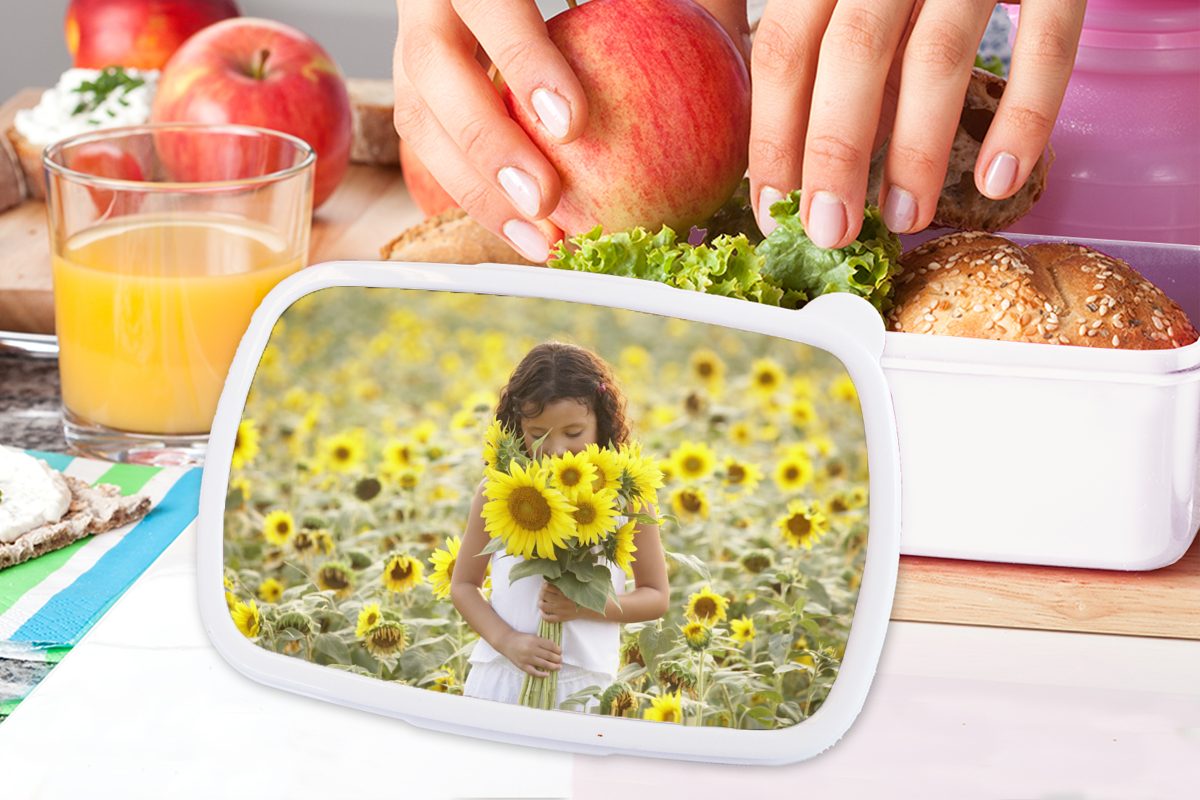 MuchoWow Lunchbox (2-tlg), für für Sonnenblumen, Erwachsene, Mädchen und aus Brotdose, Mädchen Jungs einem Kinder und mit Kunststoff, Blumenstrauß weiß Brotbox