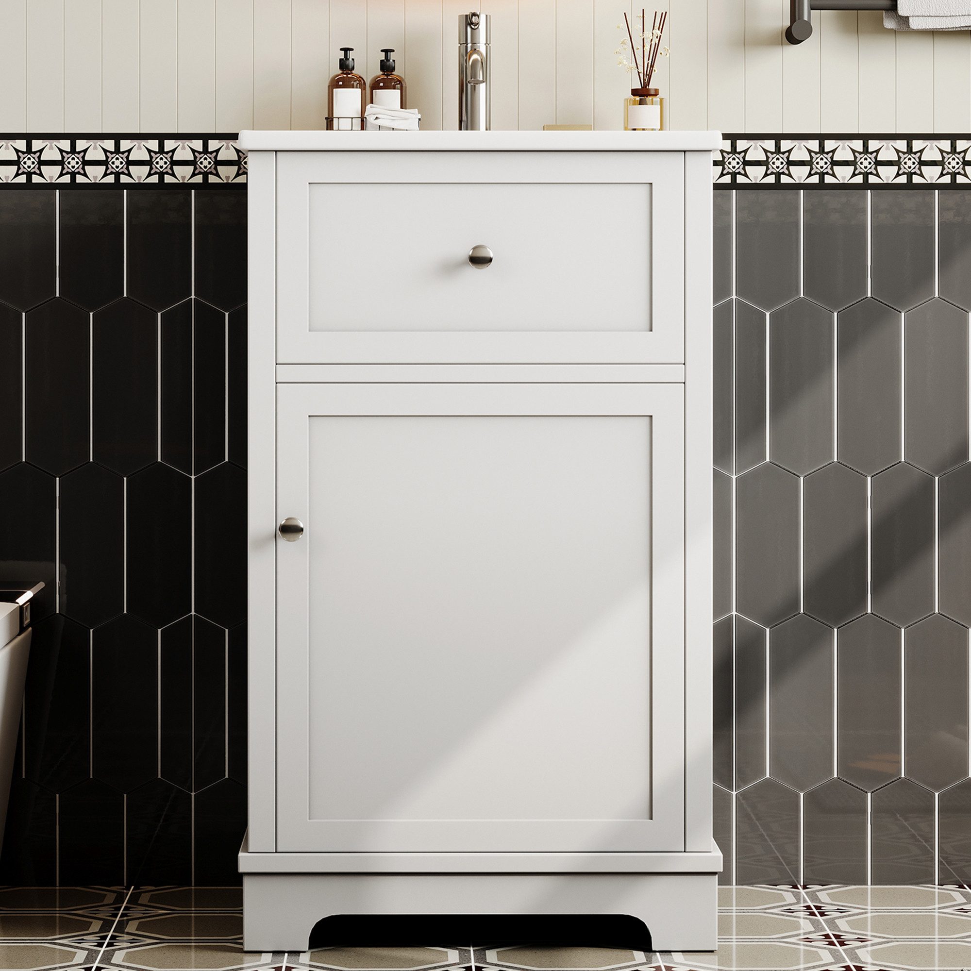 Flieks Waschtisch Waschbeckenunterschrank inkl. Keramik-Waschbecken (bodenstehend, Badschrank mit verstellbarer Einlegeböden, 1-St., B51/T46/H87 cm), Badmöbel-Set Badzimmerschrank mit Klappen und Türablagen Weiß