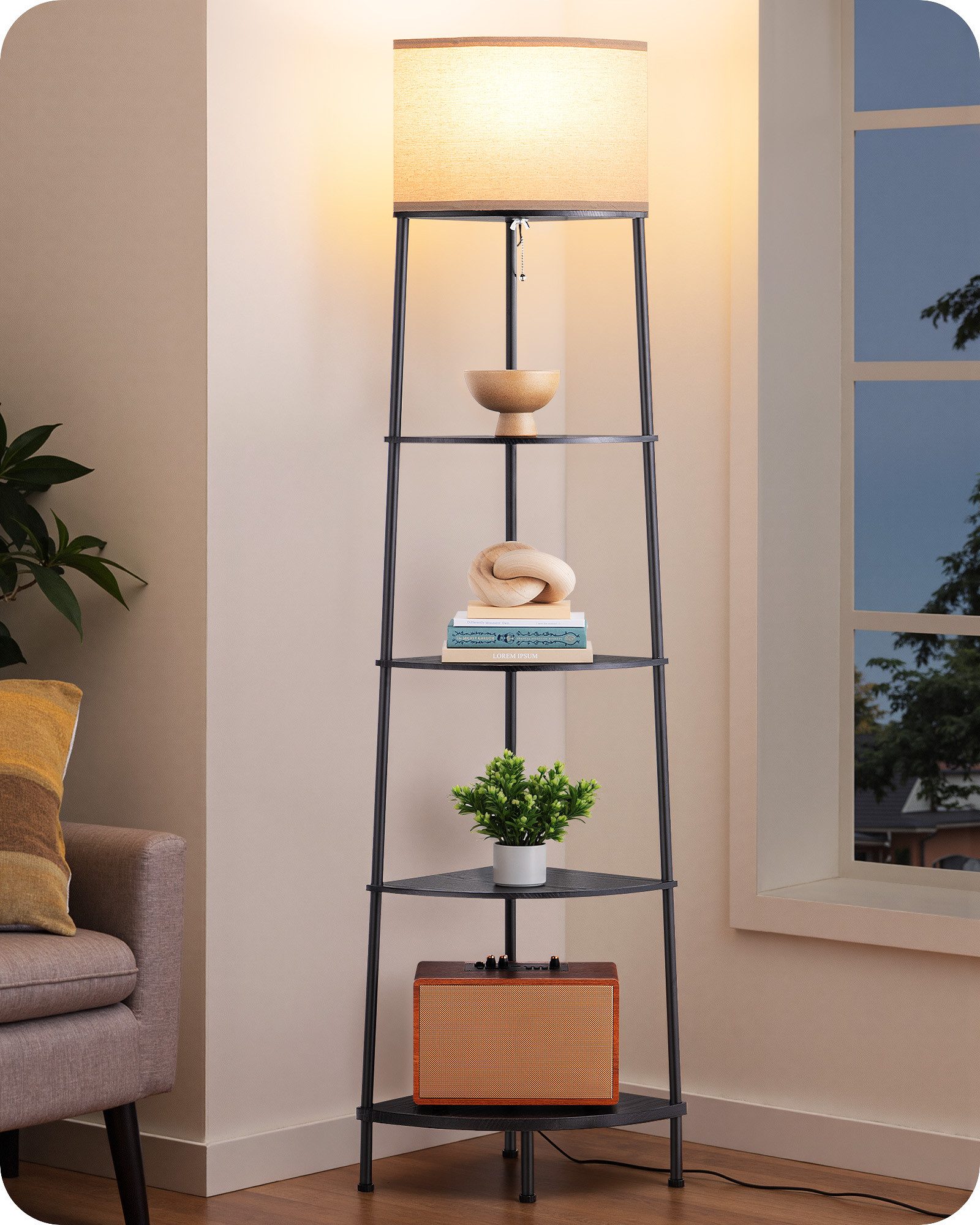 EDISHINE Stehlampe Wohnzimmer, LED wechselbar, warmweiß, LED Stehleuchte mit Regal