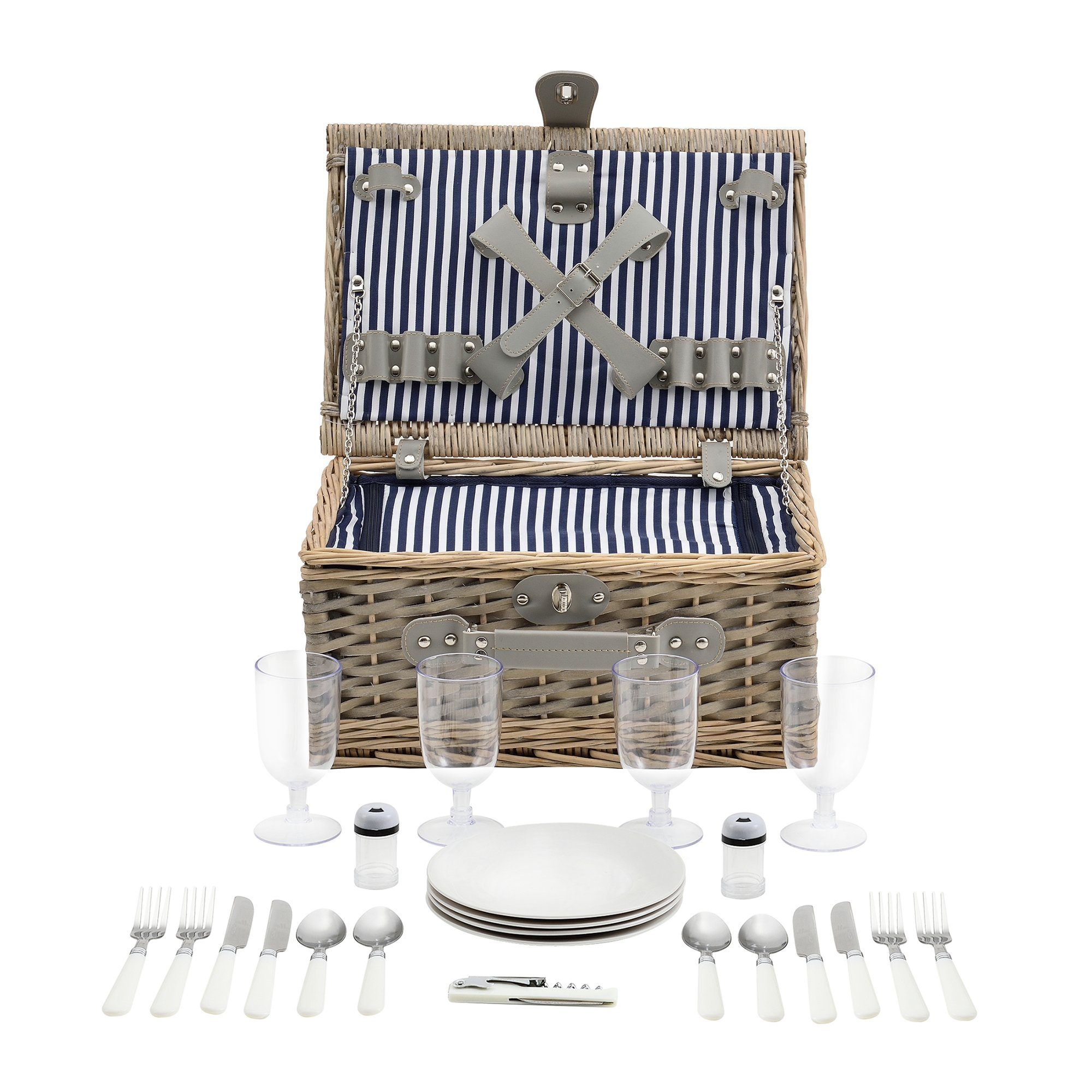 casa.pro Besteck-Set (1-tlg), 4 Personen, Weide, Picknickkorb mit Besteck für 4 Personen Blau-Weiß