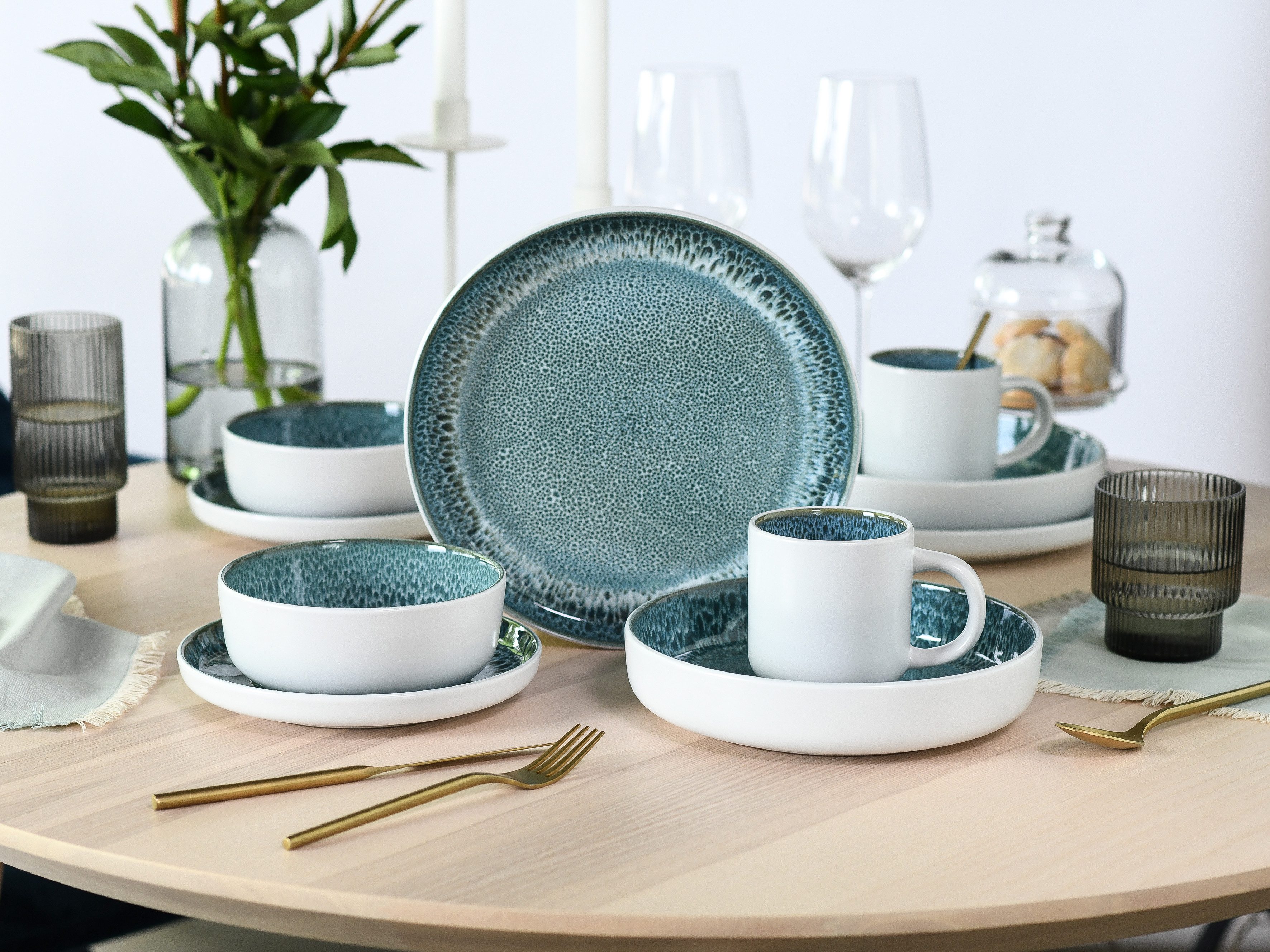 OTTO home Kombiservice modernes Geschirr-Set, Service Novalee (10-tlg), 2 Personen, Steinzeug, hohe Haltbarkeit, spülmaschinen- & mikrowellengeeignet, Reaktivglasur
