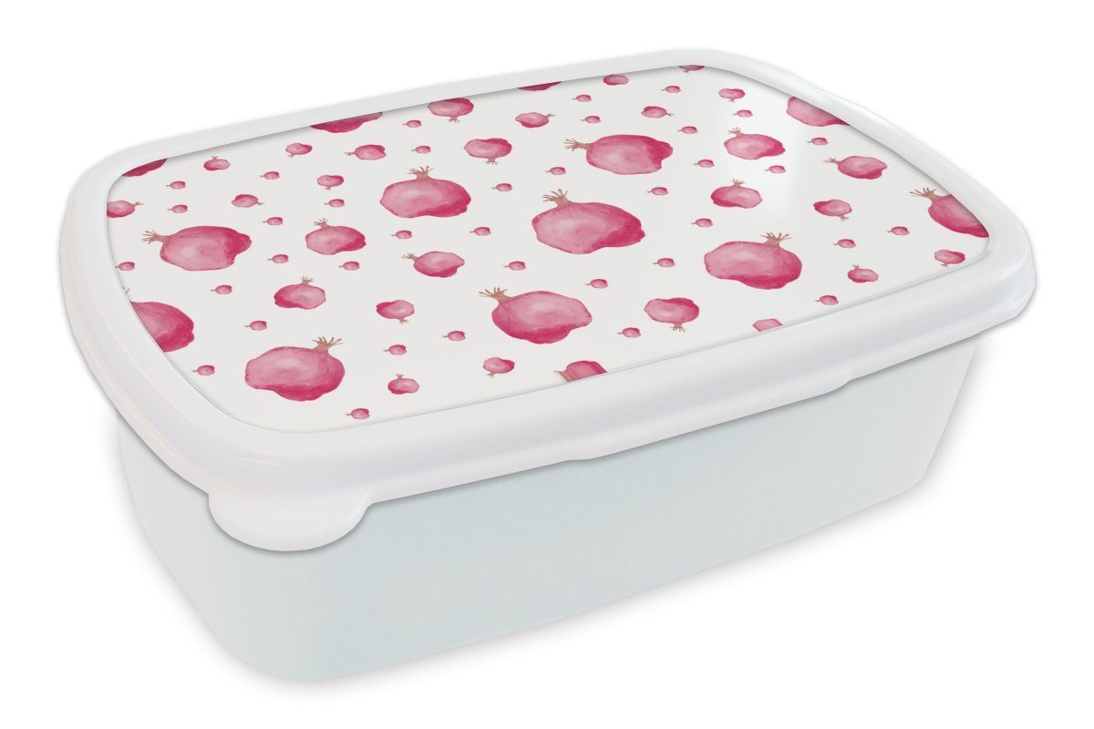 MuchoWow Lunchbox Granatapfel - Rosa - Schablonen - Aquarell, Kunststoff, (2-tlg), Brotbox für Kinder und Erwachsene, Brotdose, für Jungs und Mädchen weiß