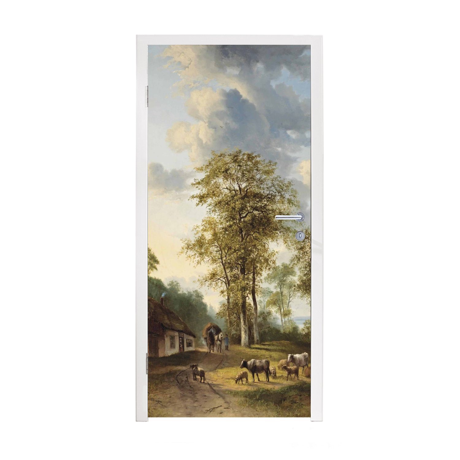 MuchoWow Türtapete Flusslandschaft mit Bauern und Vieh - Gemälde von G.J.J Van Os, Matt, bedruckt, (1 St), Fototapete für Tür, Türaufkleber, 75x205 cm