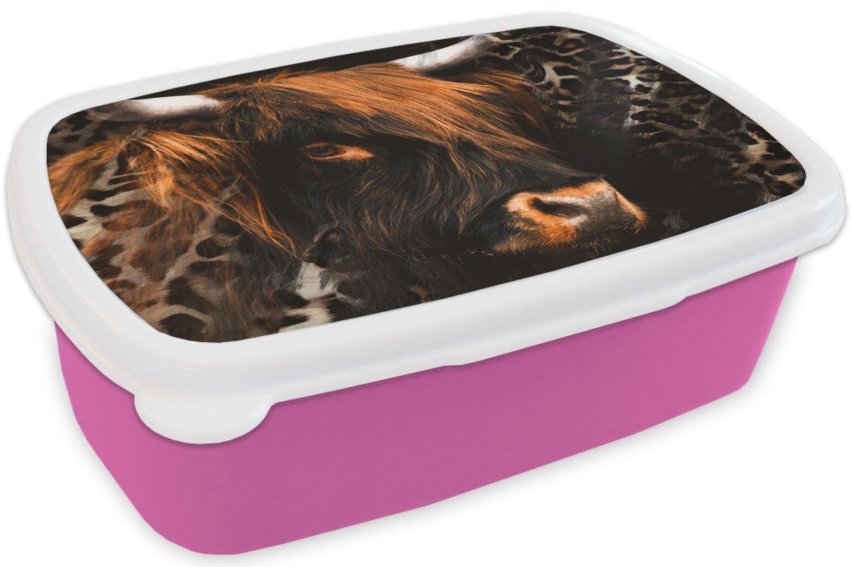 MuchoWow Lunchbox Schottischer rosa Brotdose Druck, - Erwachsene, Tiere Highlander Kunststoff Snackbox, (2-tlg), Kunststoff, Kinder, - Brotbox für Mädchen, Panther