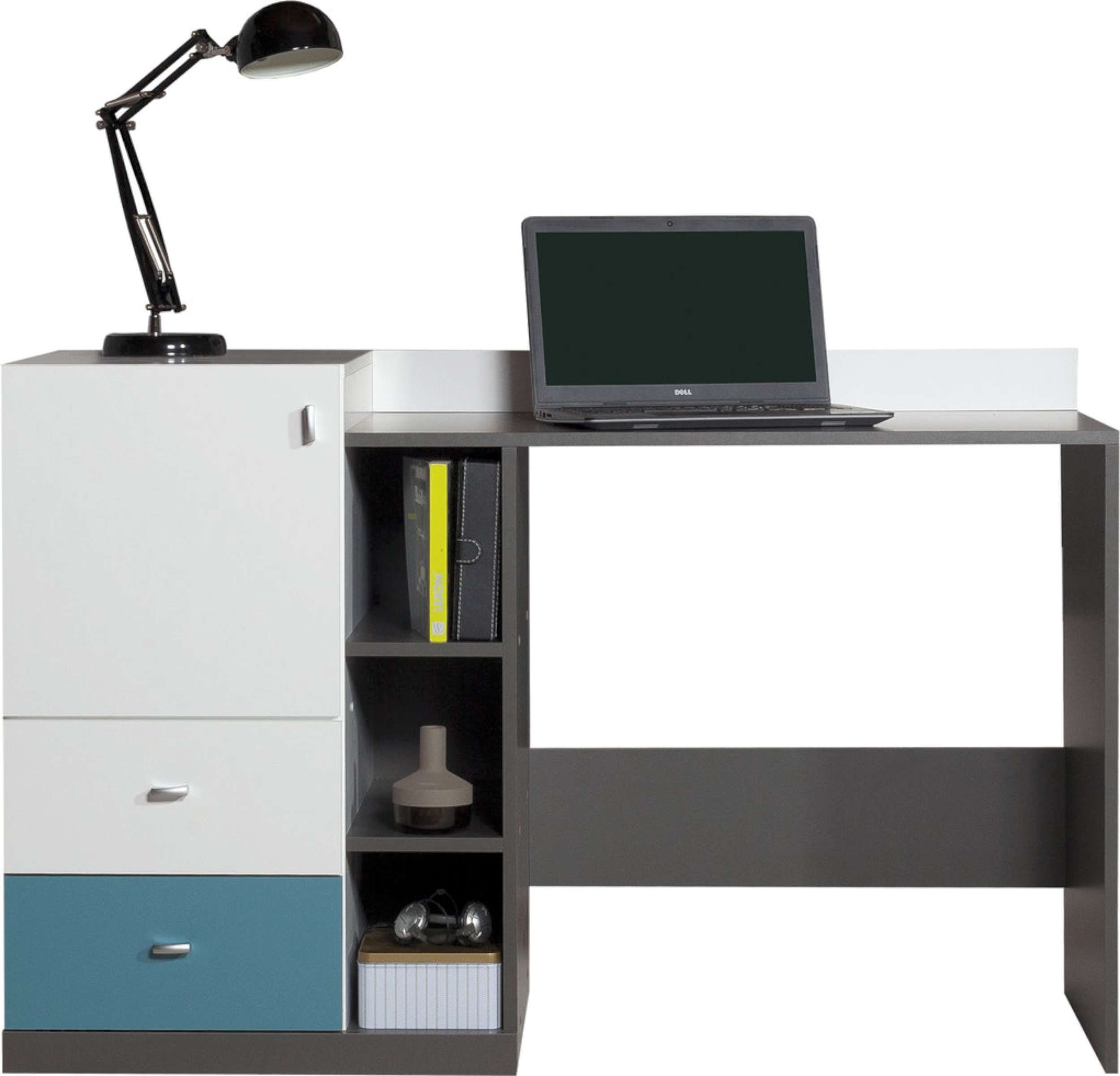 Stylefy Schreibtisch Lator Graphit Weiß Atlantic (Computertisch, Bürotisch), mit Schubladen, Spanplatte, viel Stauraum, Modern Design