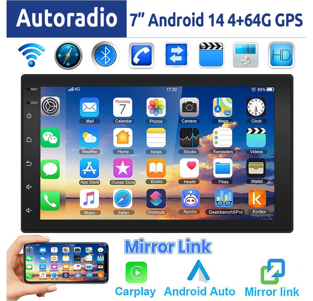 ESSGOO 7 Zoll Doppel 2 DIN Android 14 4+64G Autoradio (Digitalradio (DAB), FM, RDS, FM RDS Bluetooth EQ USB Apple Carplay Android Auto GPS Navi WIFI)