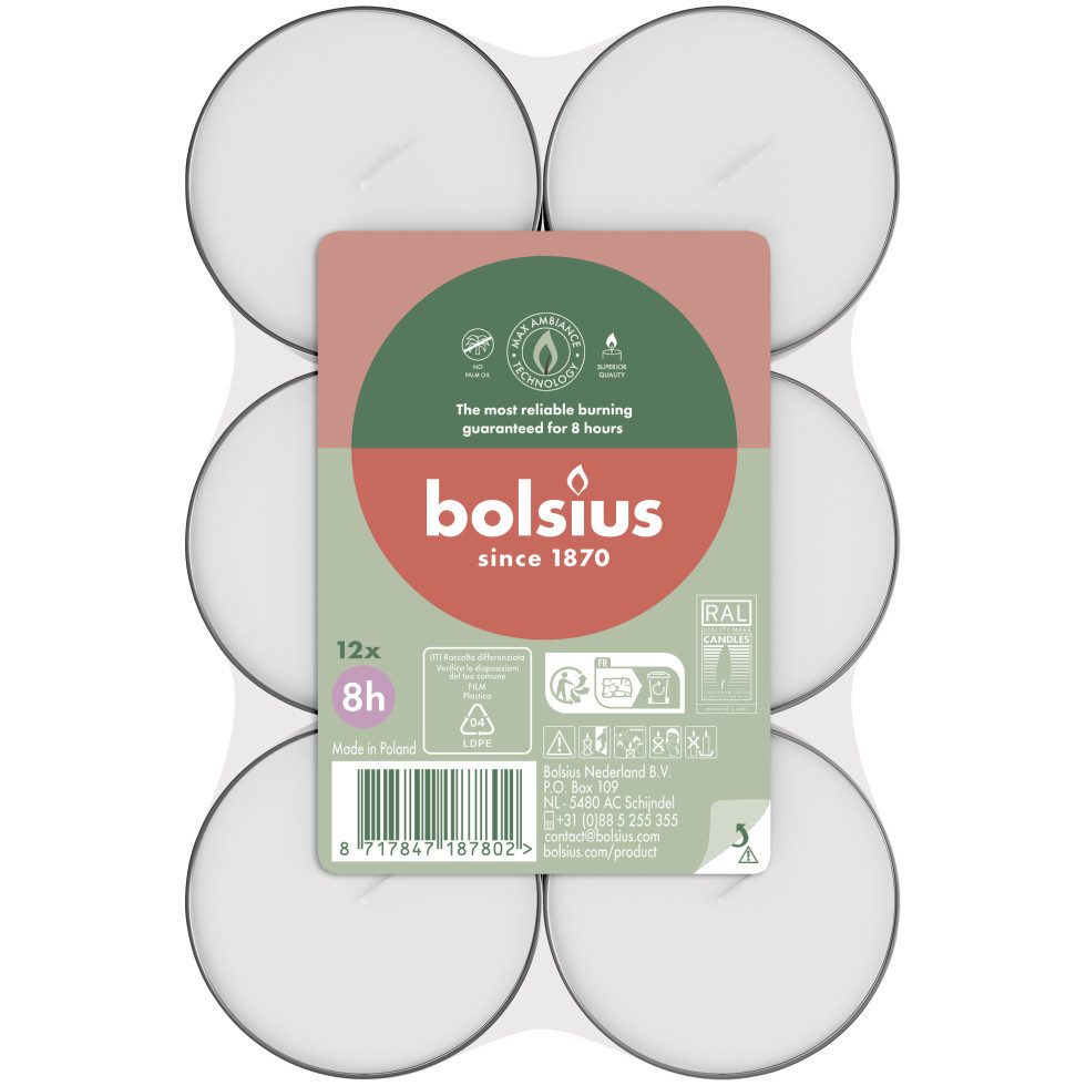 Bolsius Teelicht Bolsius Maxi-Teelichter weiß 8h 12er Pack