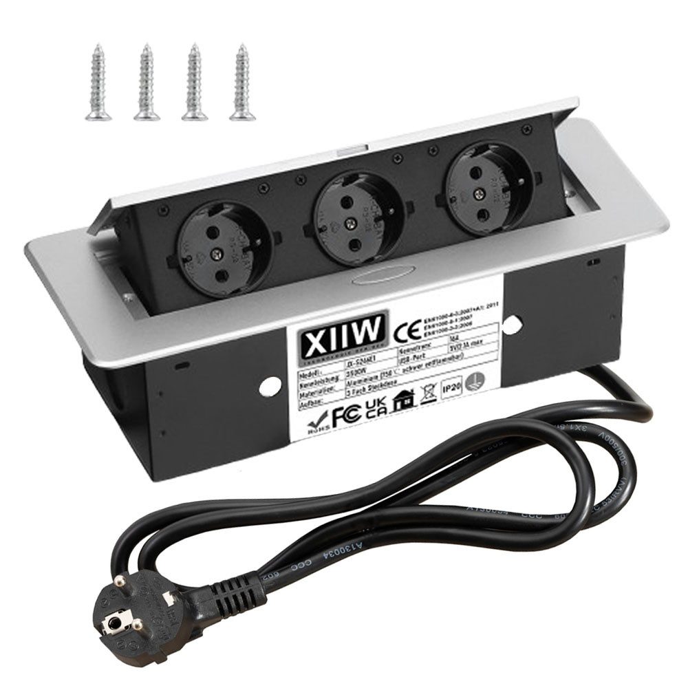 XERSEK Premium Mehrfachsteckdose Einbau Tischsteckdose Steckdosenleiste Einbau-Tischsteckdosenleiste 3-fach (Netzteil, USB-Anschluss, 3 Fach Versenkbare Unterbausteckdose Ecksteckdose Bodensteckdose (inkl. Netzteil, Kabellänge 1.8 m), 750℃ Schwer Entflammbar, aus Alu, 230V, Silber, für Büros Boden Küche, Kabellänge 1.8 m)