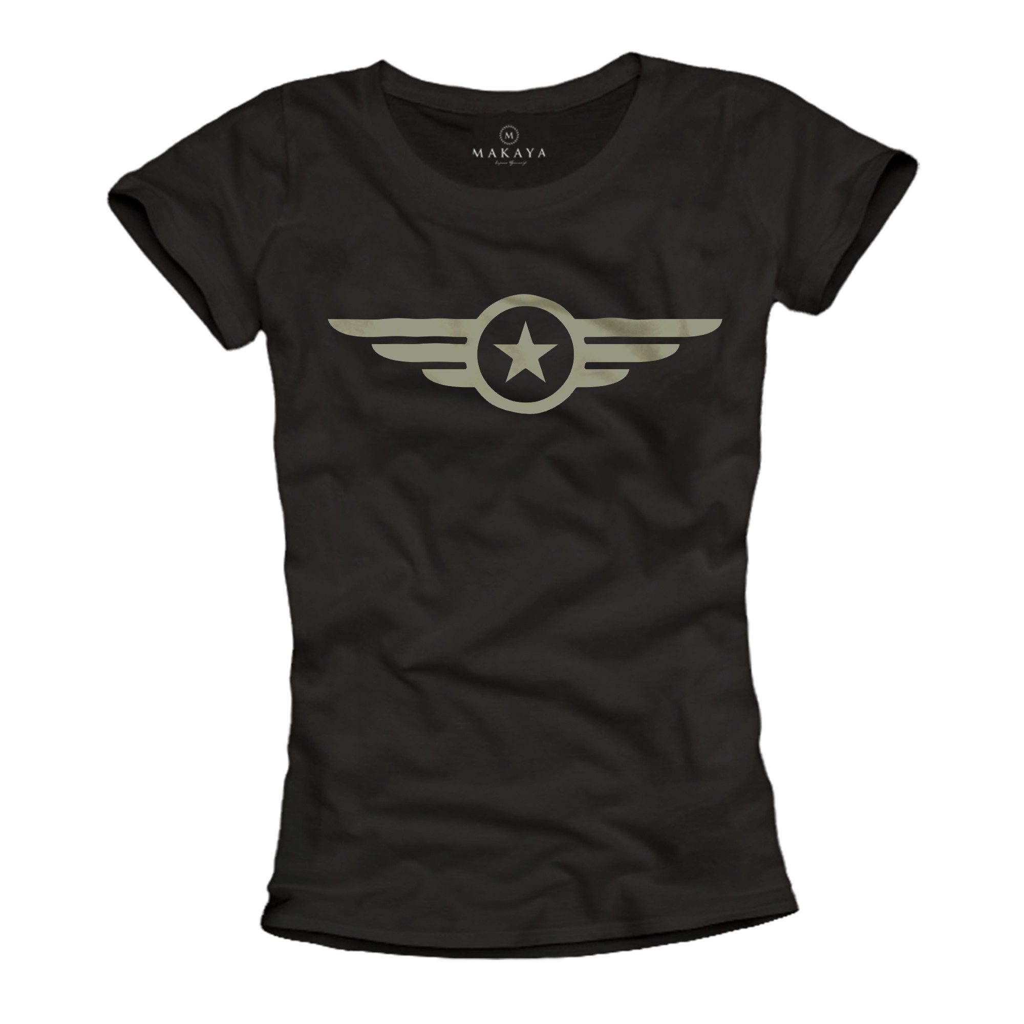 MAKAYA T-Shirt Military Top für Damen - USA Stern Navy und Army Style (Schwarz, S, M, L, XL) Baumwolle
