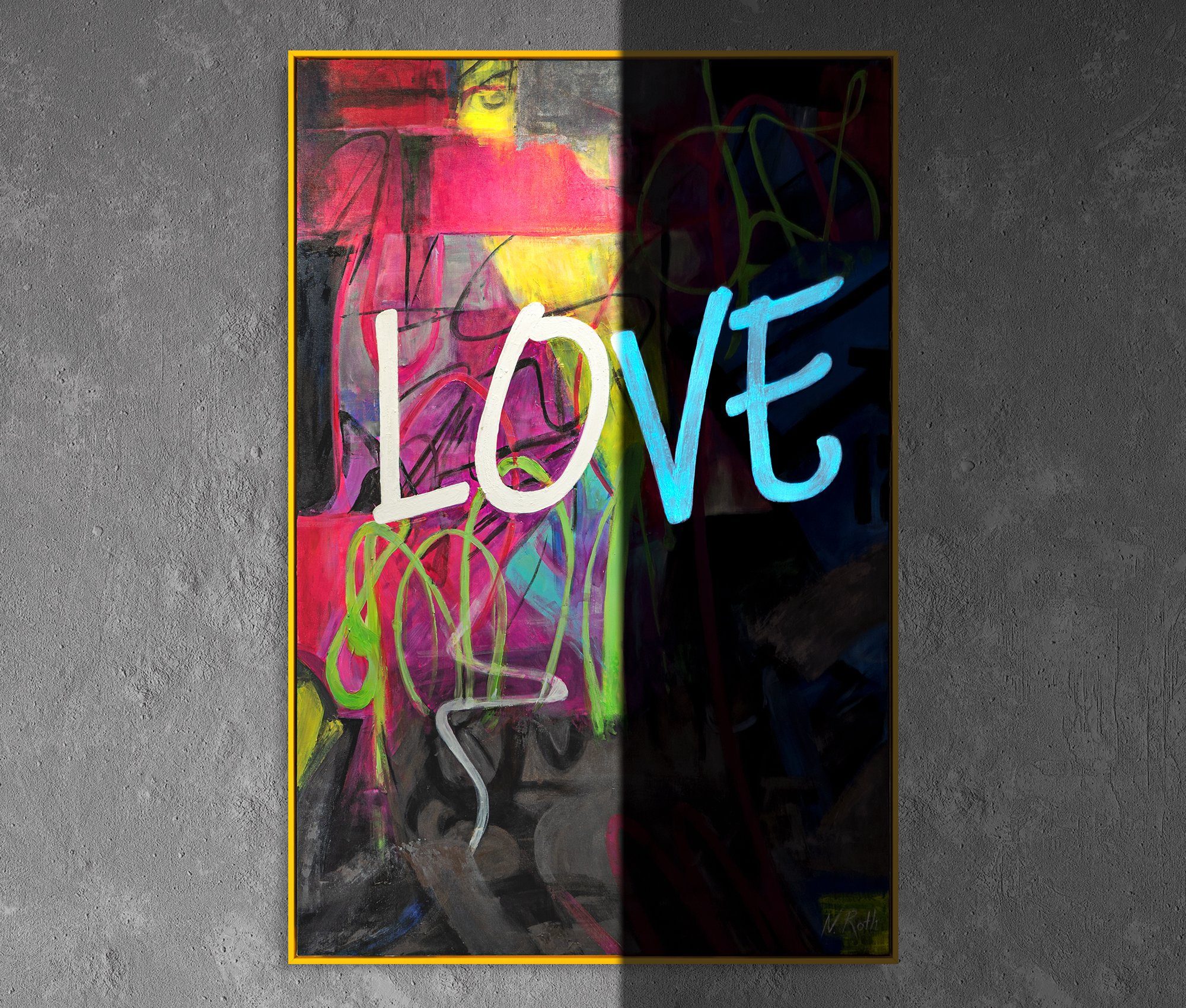 YS-Art Gemälde Love, Abstraktion, Liebe Leinwandbild bunt nachtleuchtend gerahmt
