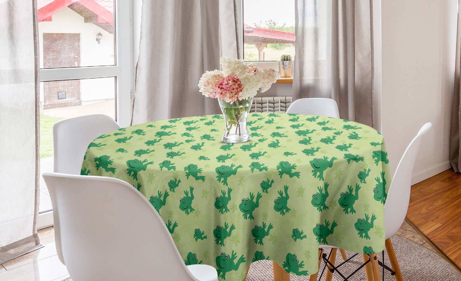 Abakuhaus Tischdecke Kreis Tischdecke Abdeckung für Esszimmer Küche Dekoration, Frosch Tier-und Blumen-Silhouetten