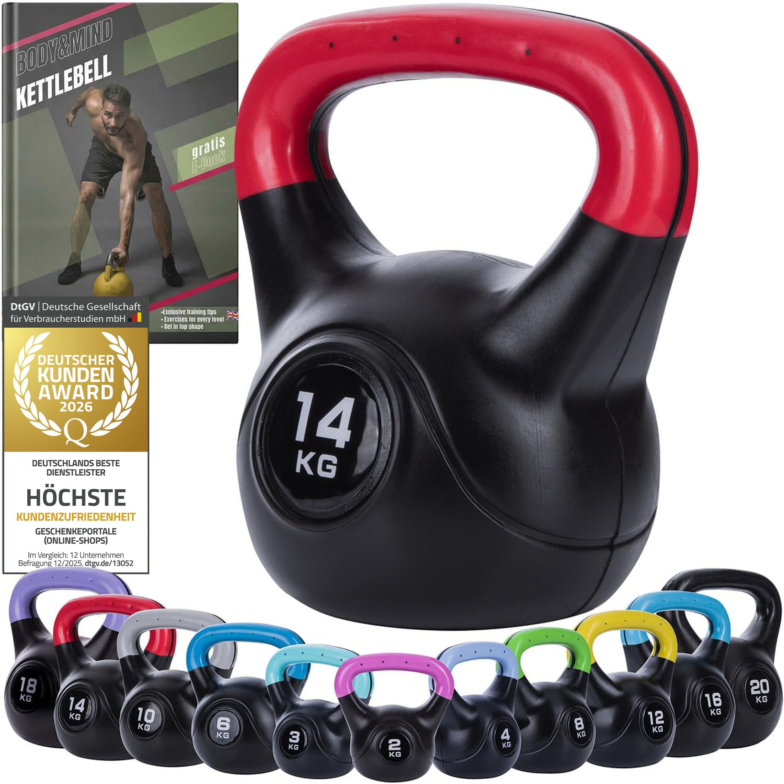 Body & Mind Kettlebell Body & Mind Kettlebell 2–20 kg – Profi Kettlebell mit Kunststoffmantel, (Profi Schwunghantel), Kraftraining Workout Gewicht (14 kg)