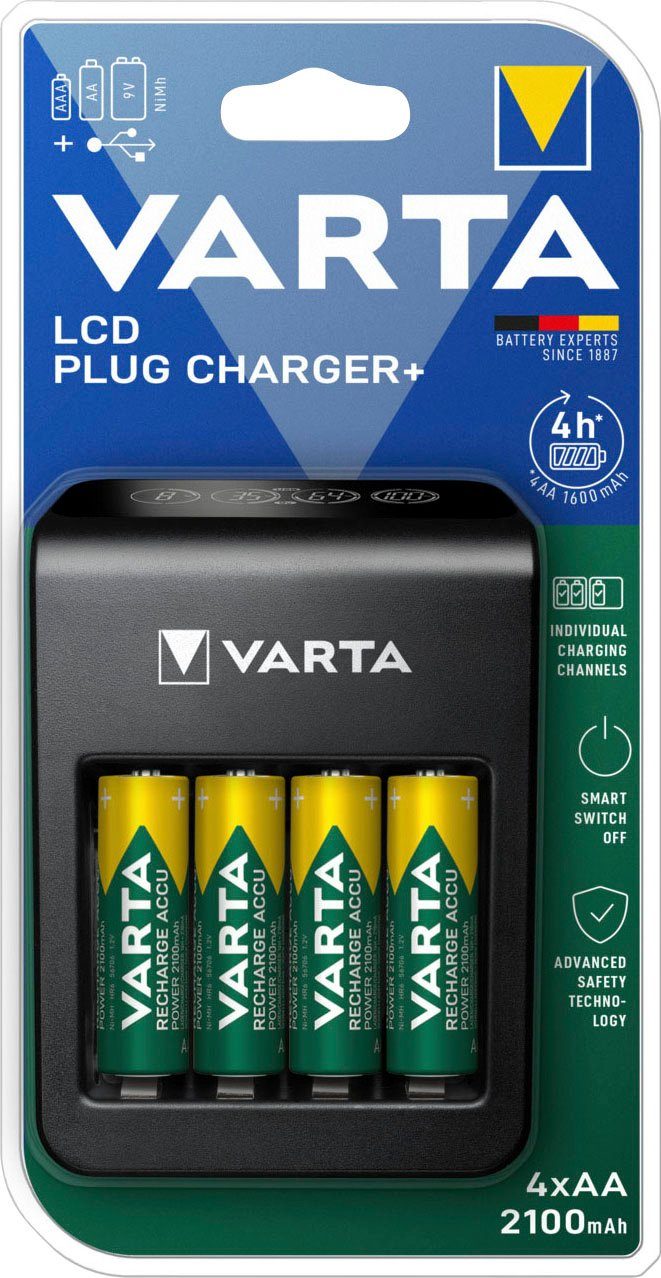 VARTA VARTA LCD Plug Charger+ 4x AA Accus Batterie-Ladegerät (2100 mA, Set, 5-tlg)
