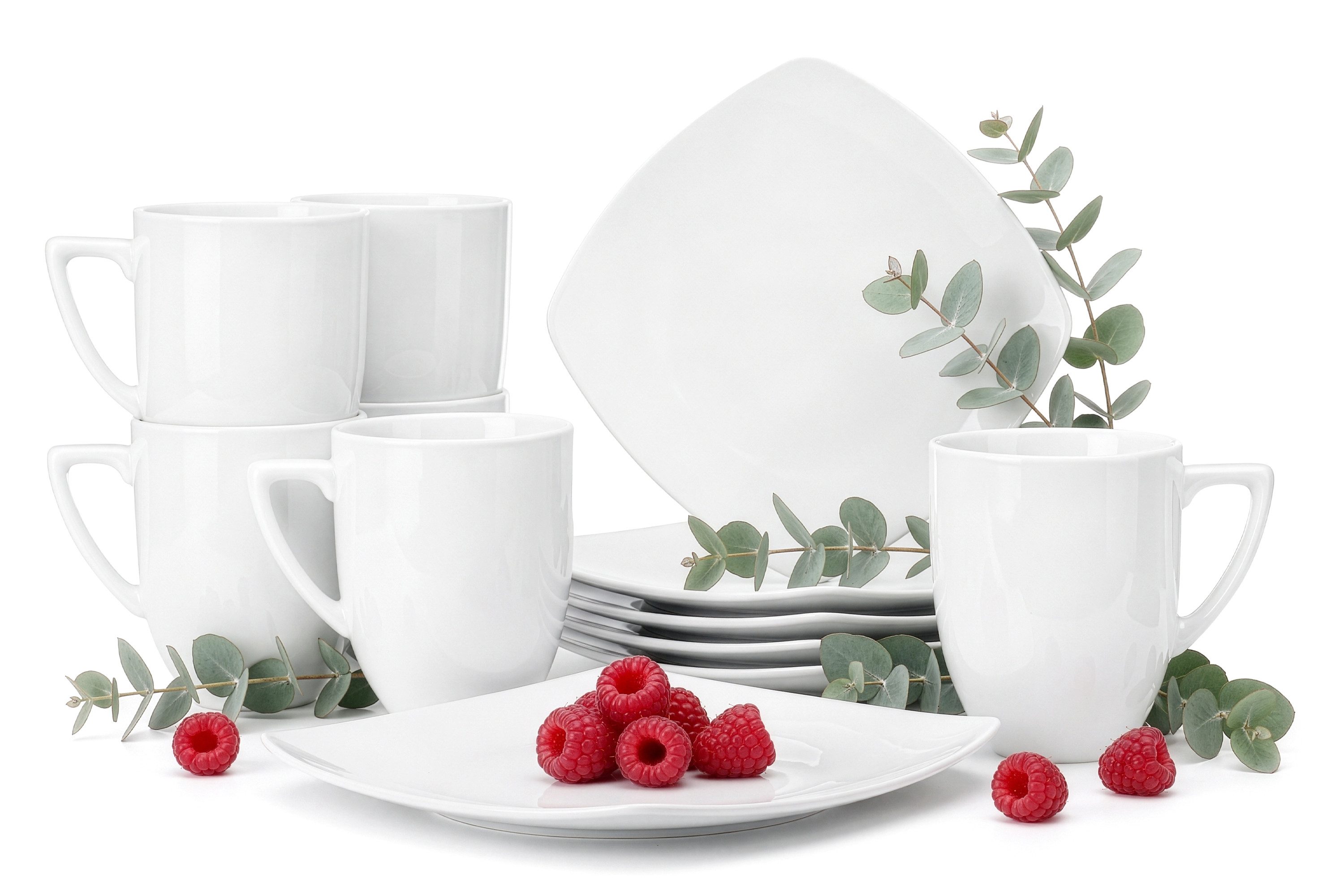 KONSIMO® Kaffeeservice CARLINA Becher Dessertteller (12-tlg), 6 Personen, Porzellan, Spulmachinen- und Mikrowellengeeignet, quadratisch