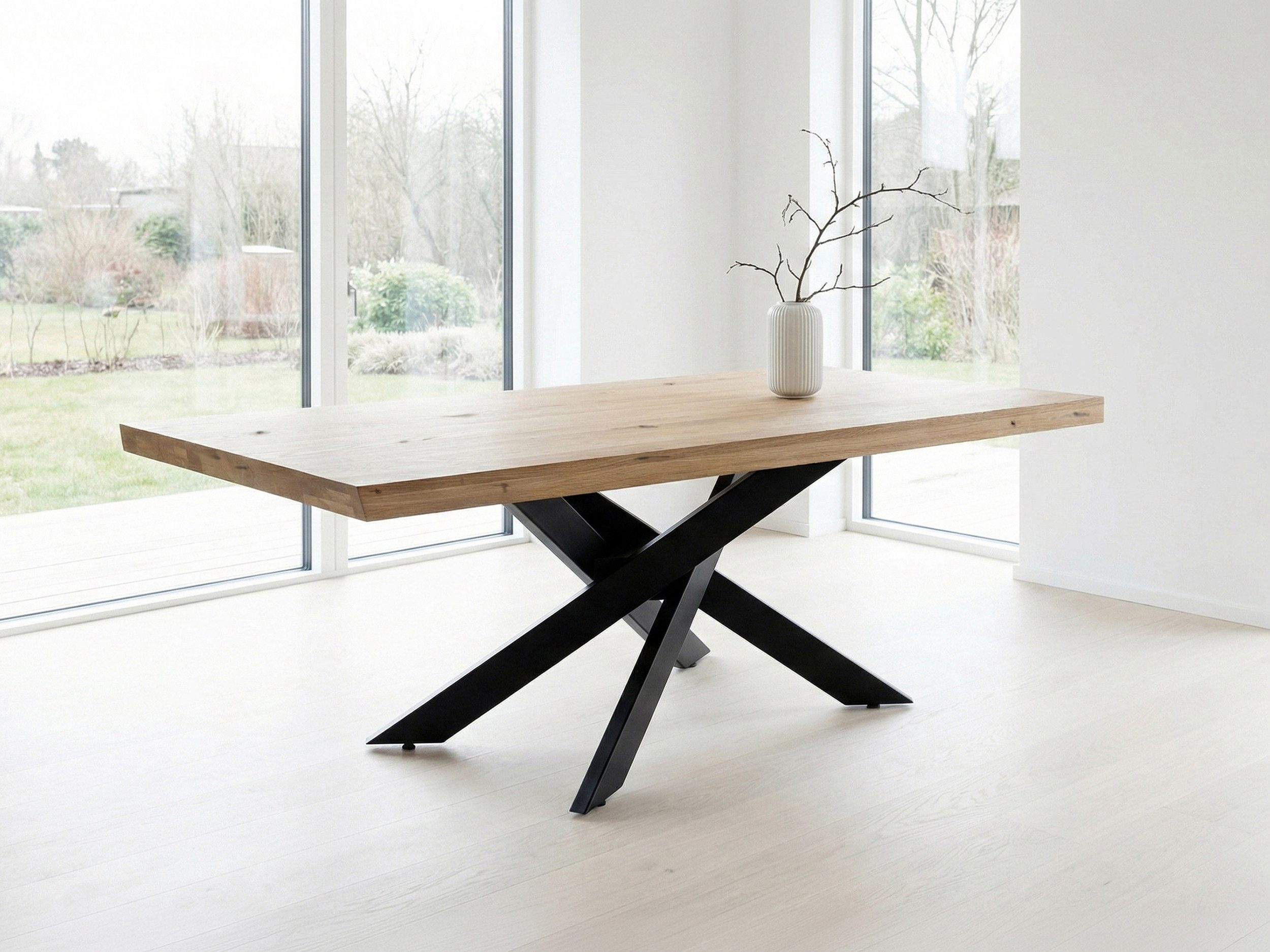 Massivart® Esstisch Wildeiche massiv geölt / 60 mm Platte / 180/200/220 / AHUS, Massivholztisch · Metallgestell · Schweizer Kante · Industrial-Look