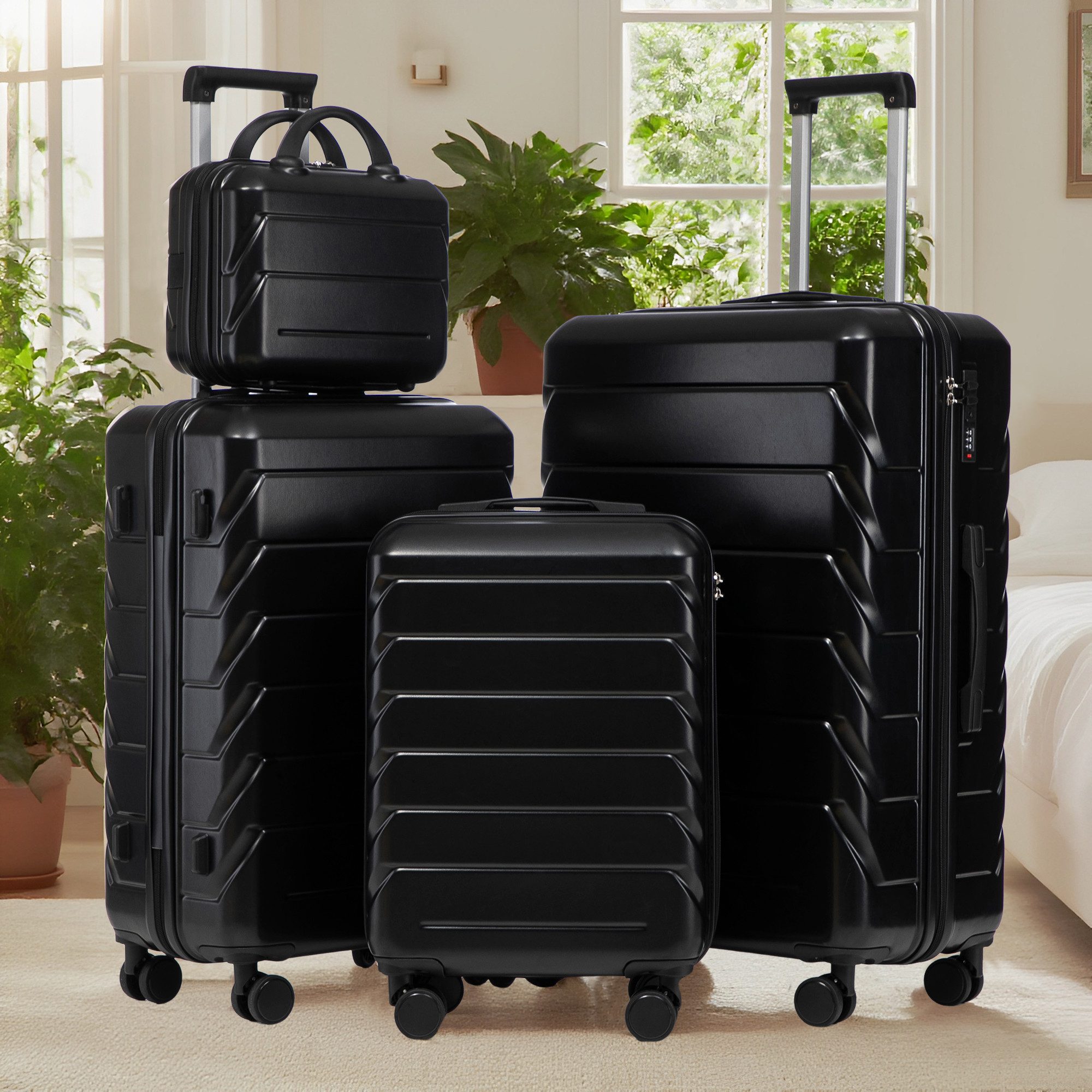 i@home Trolley Reisekofferset, 4 Rollen, 4-teiliges ABS Kofferset 14+19+24+28 Zoll, Schwarz