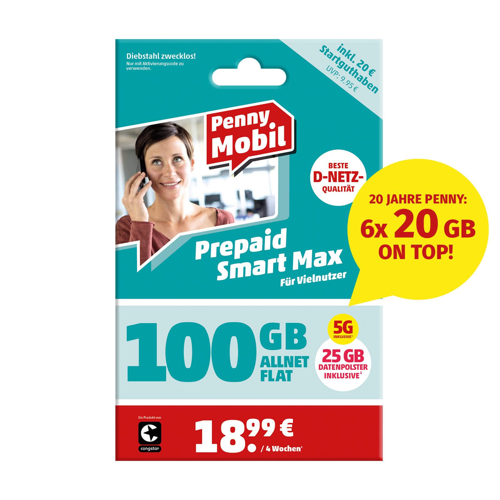 Penny Mobil Prepaid Smart Max Simkarte mit 20 € Startguthaben Prepaidkarte, (EU-Roaming inkl. Schweiz)