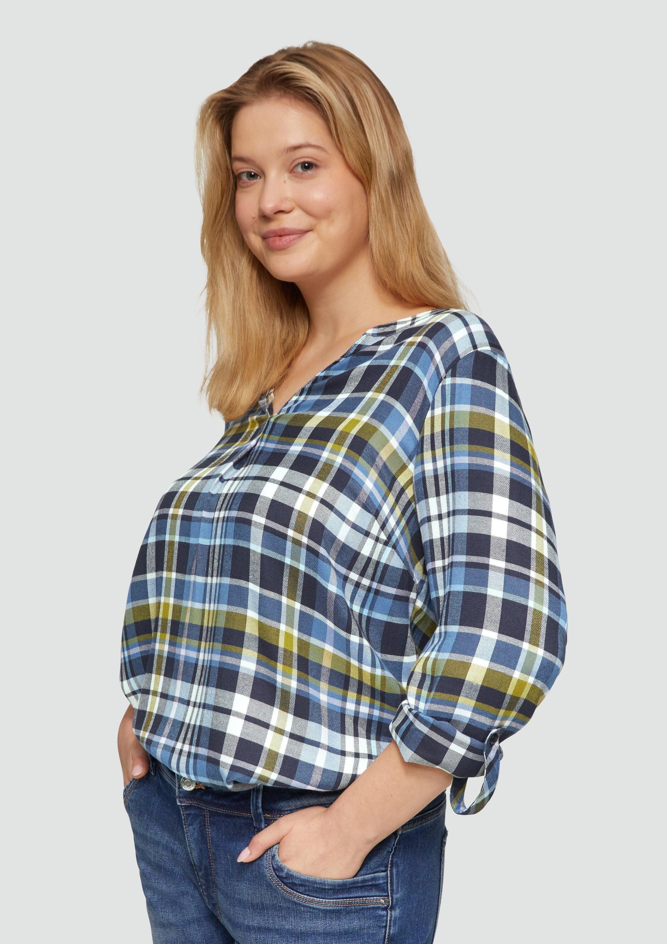 s.Oliver Langarmbluse Bluse Karierte Bluse aus Viskosemix und Krempel-Detail