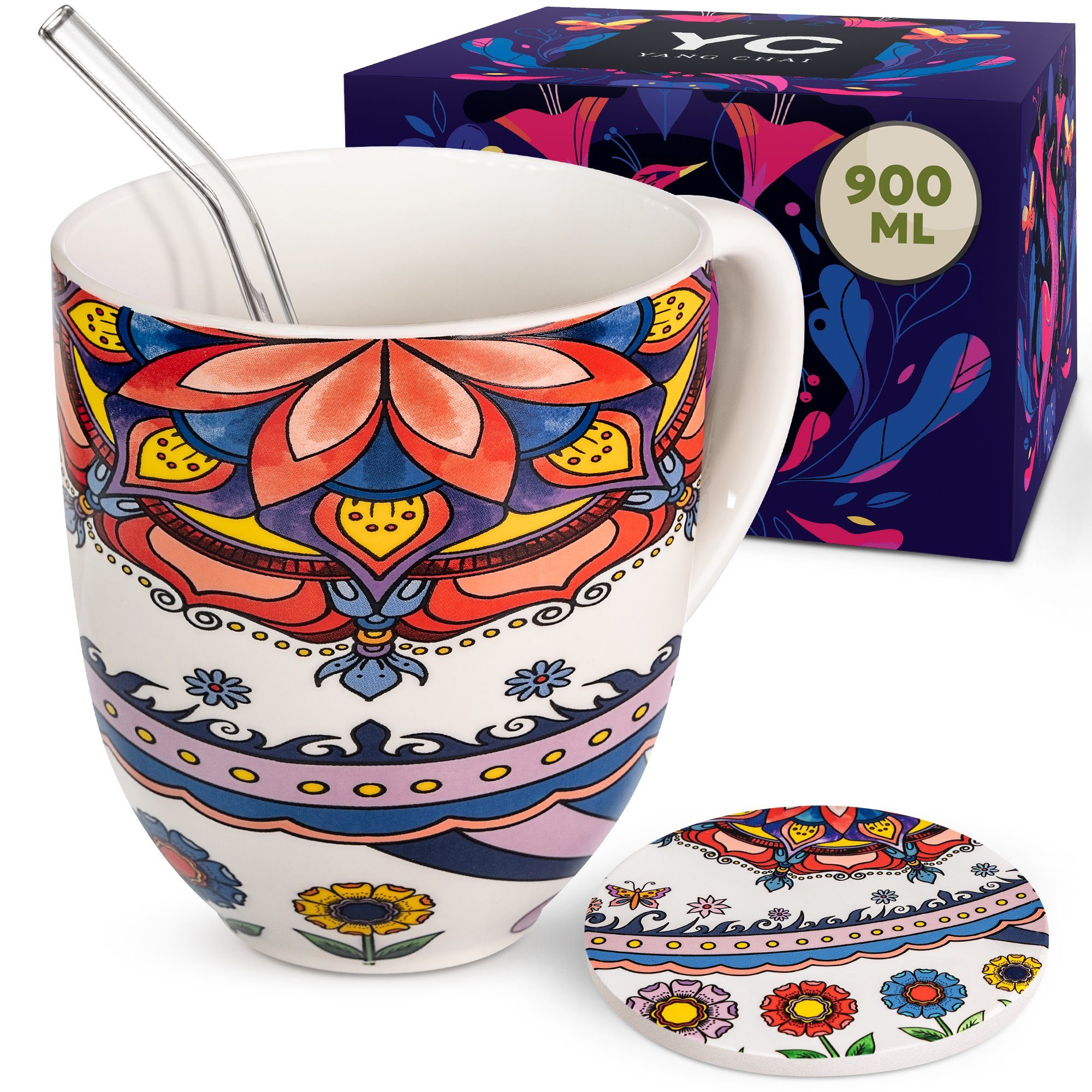 Yang Chai Becher 900ml, große Teetasse - Jumbotasse Geschenkset mit Untersetzer, Pozellan, Kaffeetasse, Riesentasse, Jumbo Tasse