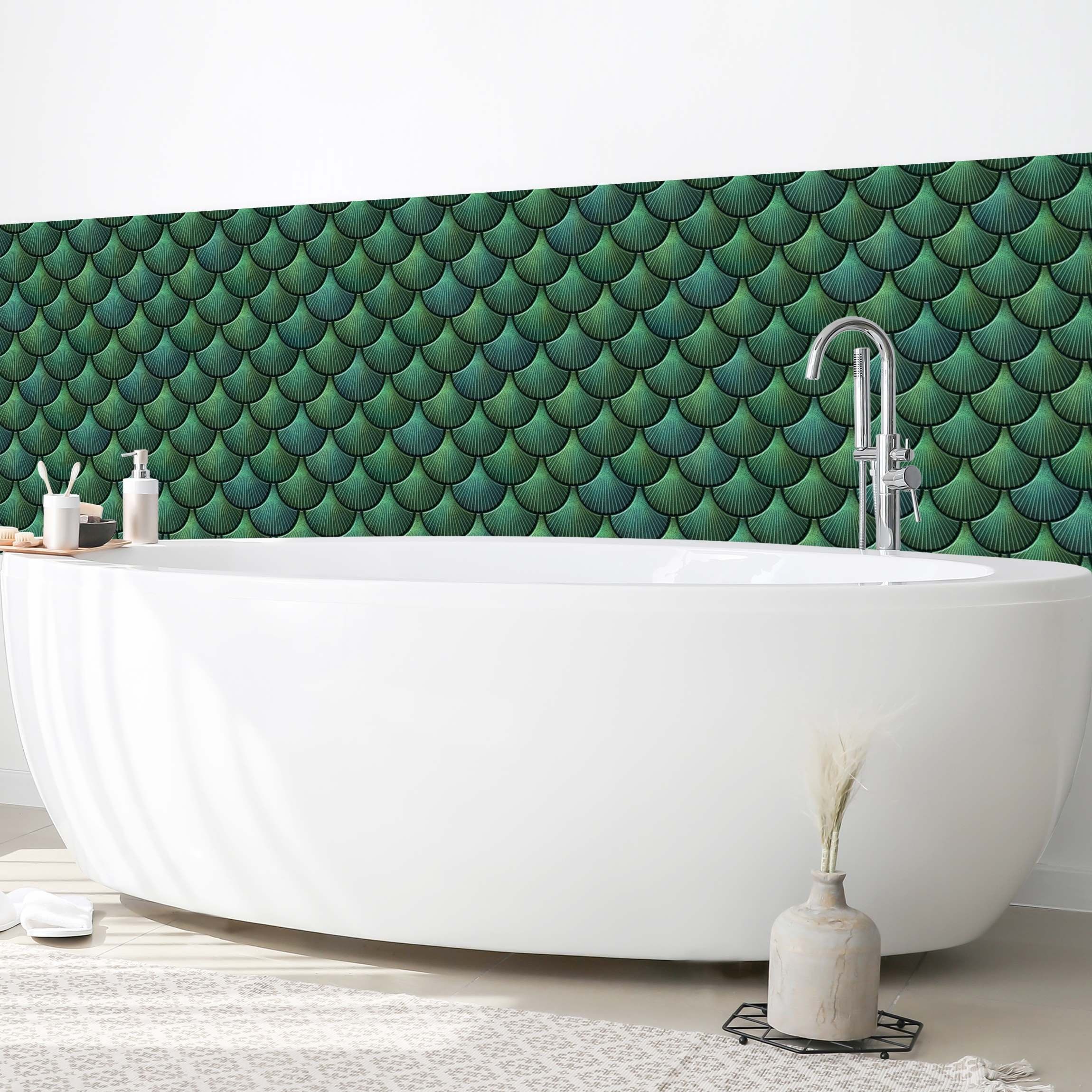 Bilderdepot24 Badrückwand grün fugenlose Wandverkleidung Bad Fotomontage, (Hartfolie matt » Selbstklebend SMART 0,35 mm), wasserfestes Wandpaneel Muschel Keramikoptik Dunkelgrün