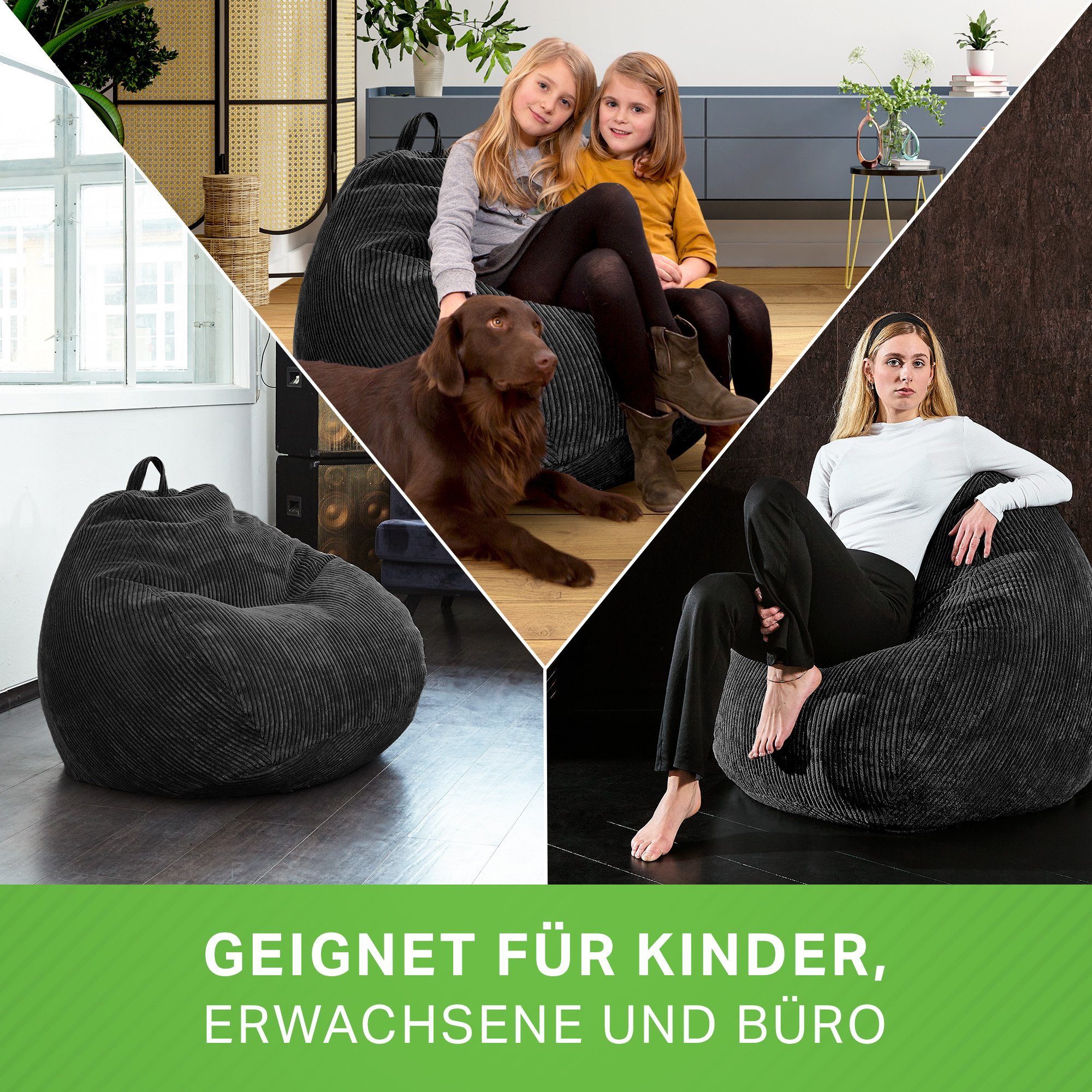 Liegekissen Cord 90x110cm Kinder EPS-Perlen Sitzsack - Erwachsene (Indoor Sitzhocker Waschbar Green Sitzkissen), Weich Kuschelig Sitzsack Stoff Schwarz Drinnen & Scoop Bodenkissen Bean Cordstoff, Relax-Sessel Füllung