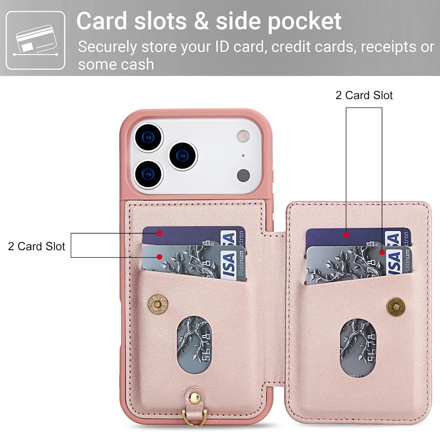 Wigento Handyhülle Für Apple iPhone 17 Pro Crossbody Kunstleder Blumen Hülle Rose Gold, Mit Kartenfächern, Gurt, Kickstand-Funktion