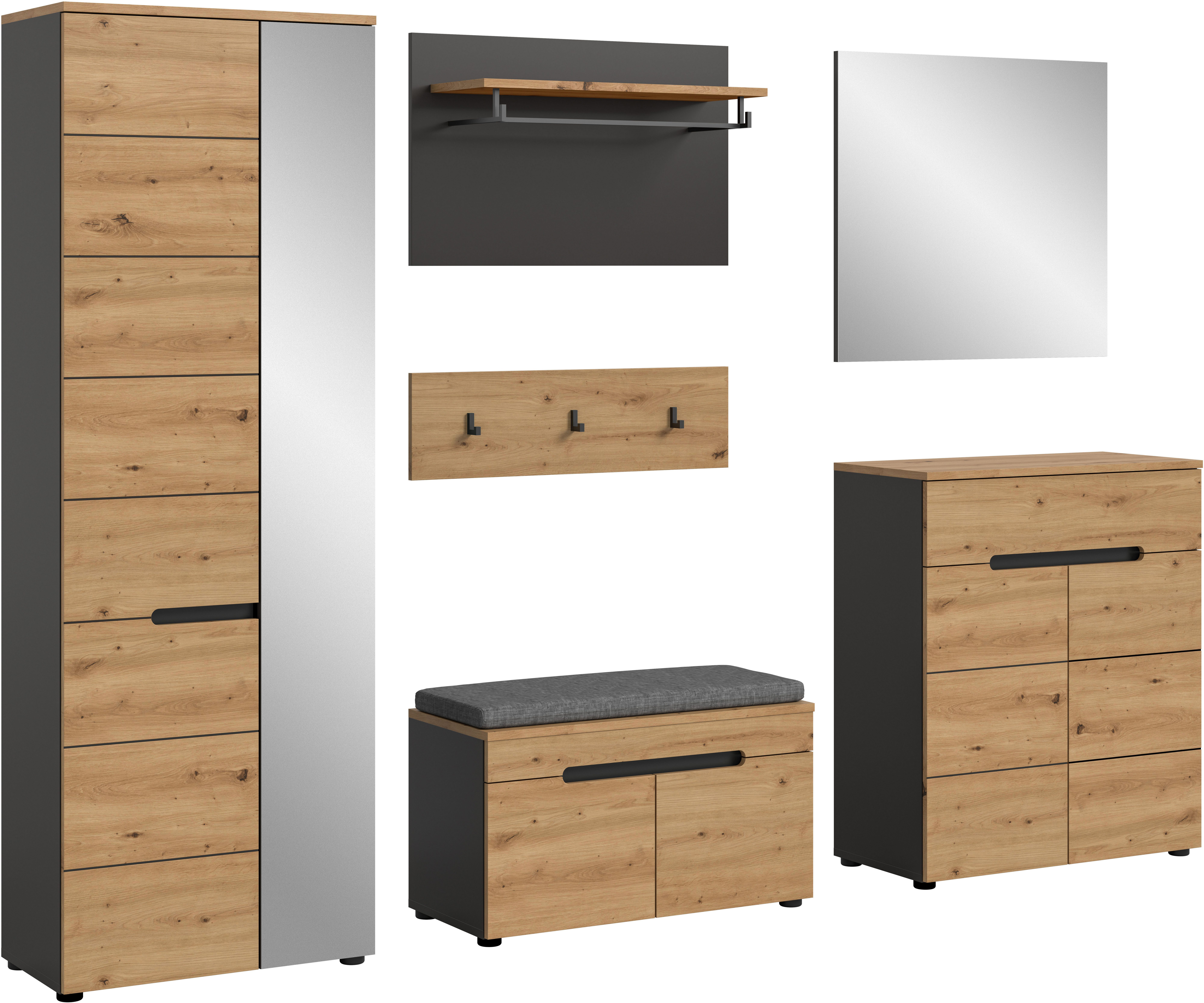 Home affaire Garderoben-Set REHAT, TOPSELLER!, 6-teilig, Breite 255 cm, individuell erweiterbar, (Set, 6-St., Schrank, Sitzbank, Sitzkissen, Paneel, Hakenleiste, Spiegel, Kommode), Garderobenkombination, Kombination, Set, Flurgarderobe, Diele