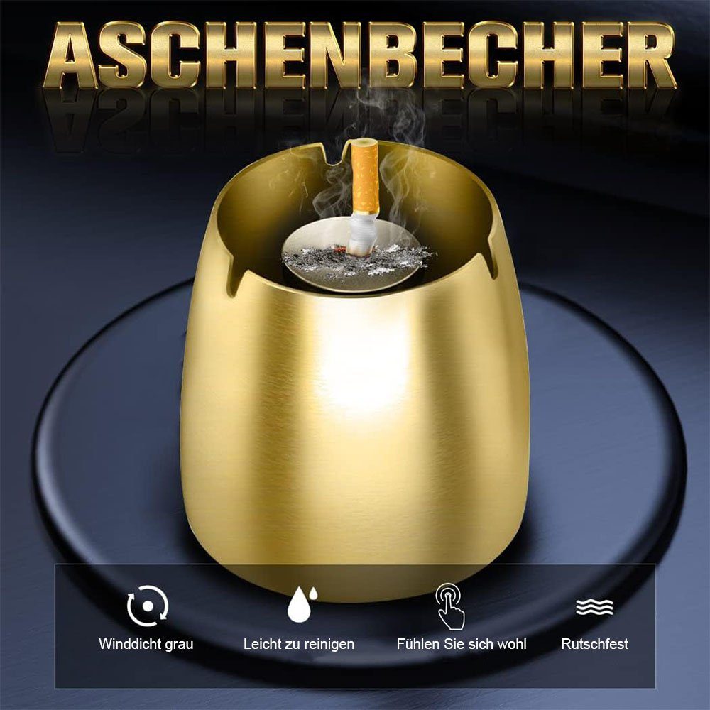 TUABUR Aschenbecher Edelstahl-Aschenbecher, für Gold winddicht, rutschfest, draußen & drinnen