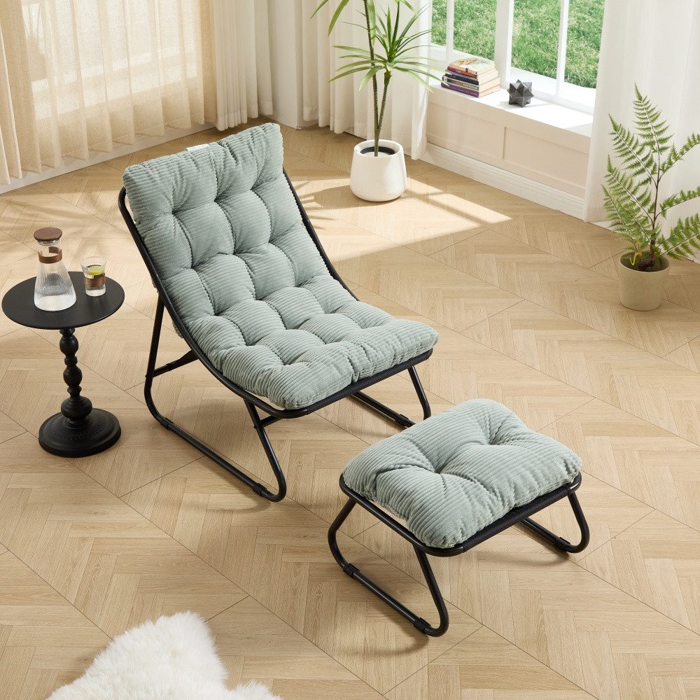 CHICFURN Loungesessel Outdoor-Sessel mit Hocker und weichem Sitzkissen (Packung, 2-St., Ideal für Wohnzimmer, Schlafzimmer oder Lesezimmer), Schwarzes Gestell & hellgrünes Kissen