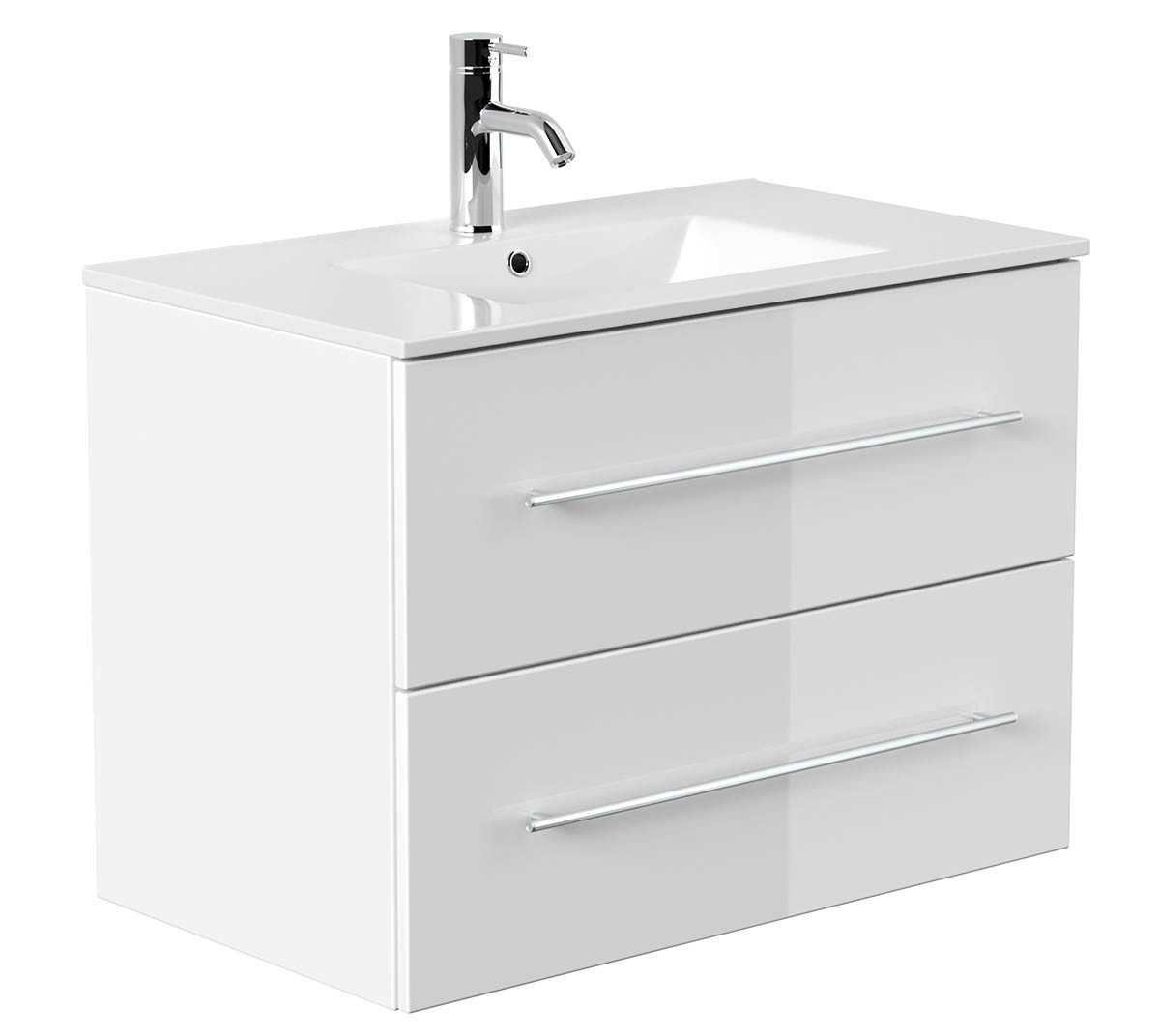 einfachgutemoebel Waschtisch-Set KUBOA Waschplatz 80cm Weiß Hochglanz mit Keramikbecken, (Badmöbel Set, 1-St., Waschtisch Set)