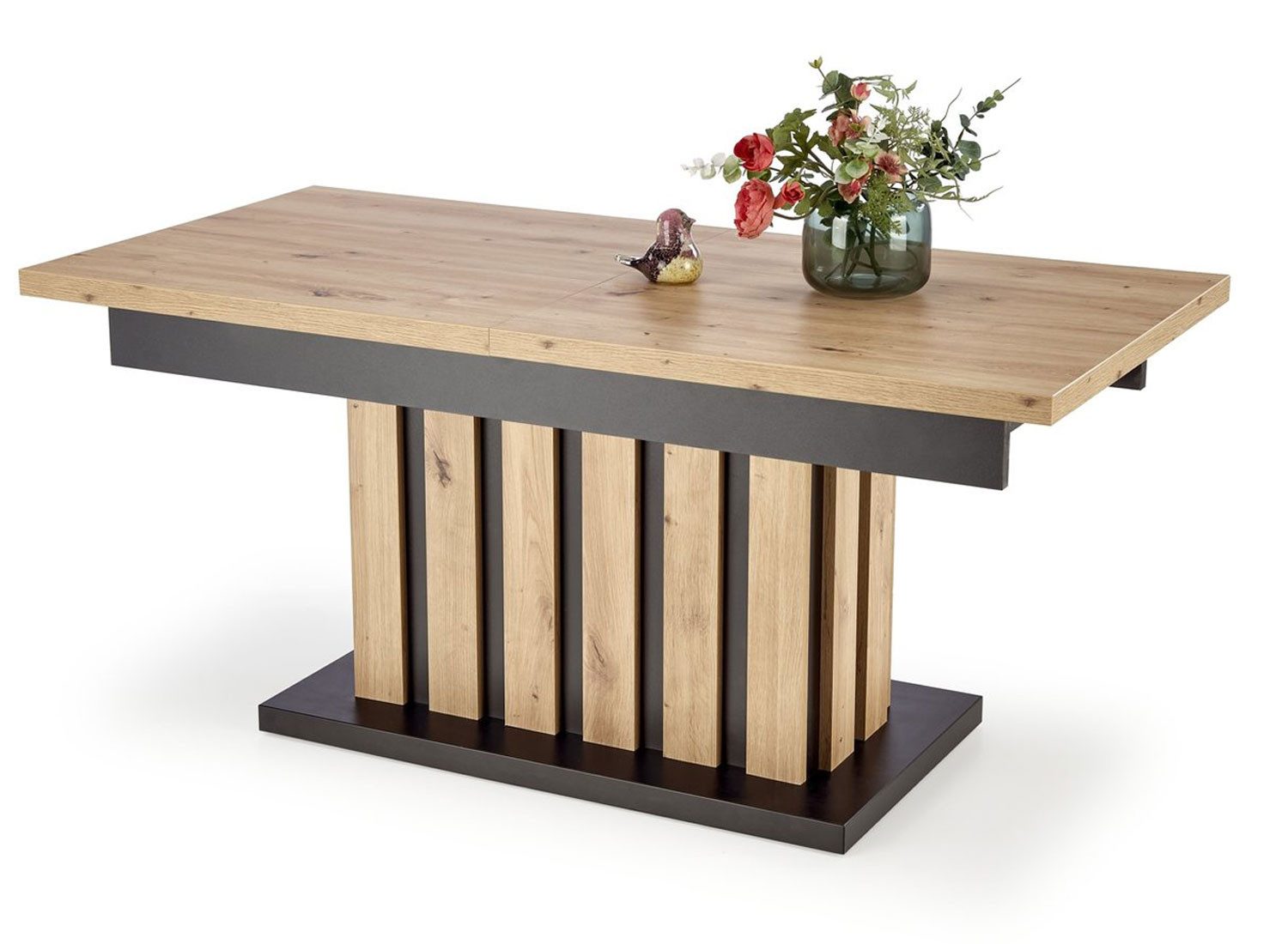 Feldmann-Wohnen Couchtisch Baretti (Tischplatte ausziehbar bis zu 170 cm, 1-St., moderne Optik, Säulentgestell, mit dekorativen Lamellen), 130-170x65x65-78cm höhenverstellbar ausziehbar Eiche Artisan / schwarz