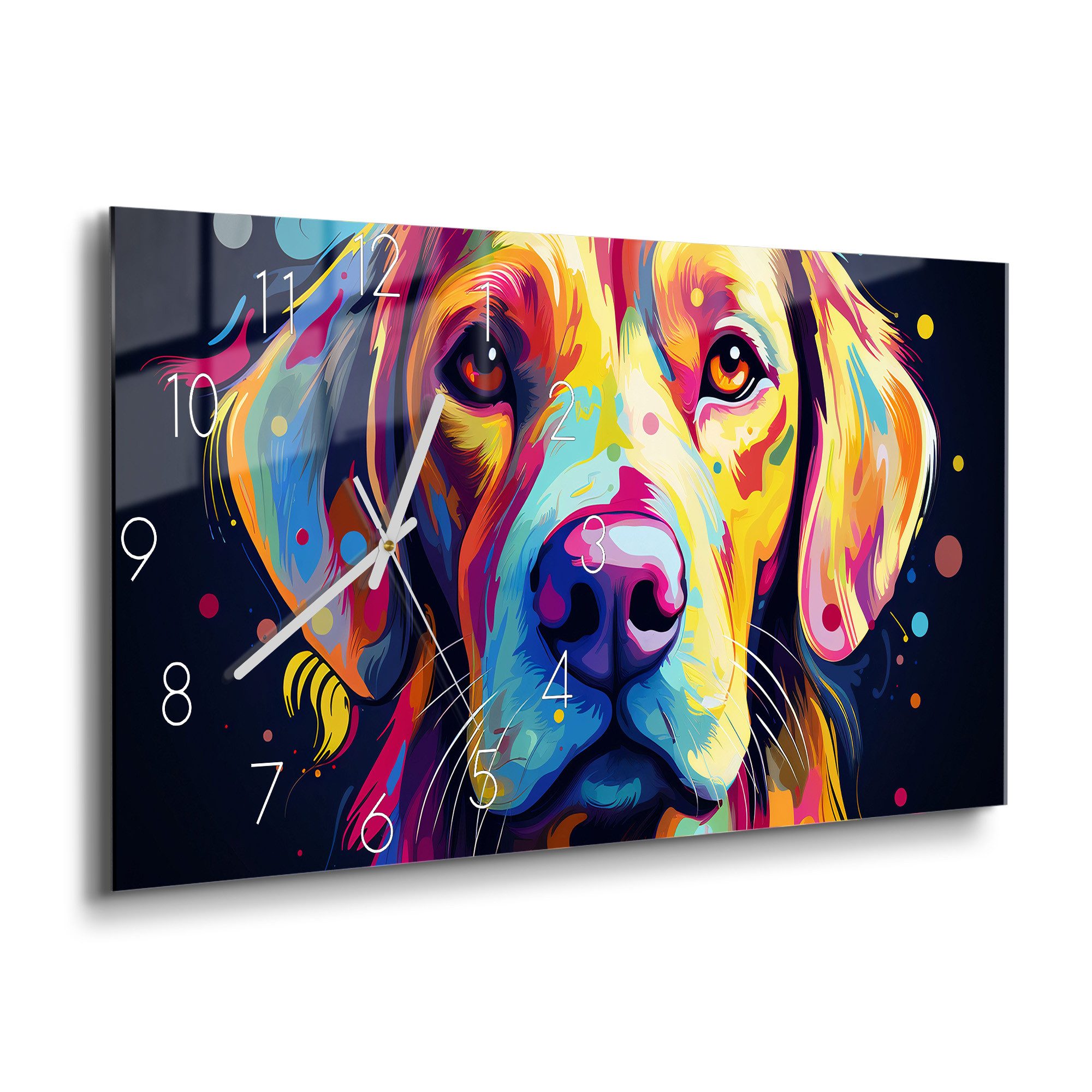 DEQOART Wanduhr 'Bunter Hundeblick' (Glas Glasuhr modern Wand Uhr Design Küchenuhr)