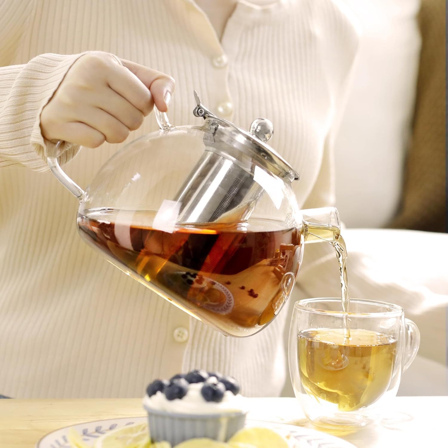 LIBWYS Teekanne Teekanne Glas 1,5L Borosilikat mit Edelstahlsieb Teekanne klar, 1,5 l, (Glas Teekanne 1500 ml mit Edelstahlsieb und Glasdeckel Set, Teekanne 1,5L mit Sieb Glasdeckel Griff für losen Tee Haushalt), Borosilikatglas hitzebeständig herausnehmbares Sieb 1,5L klar