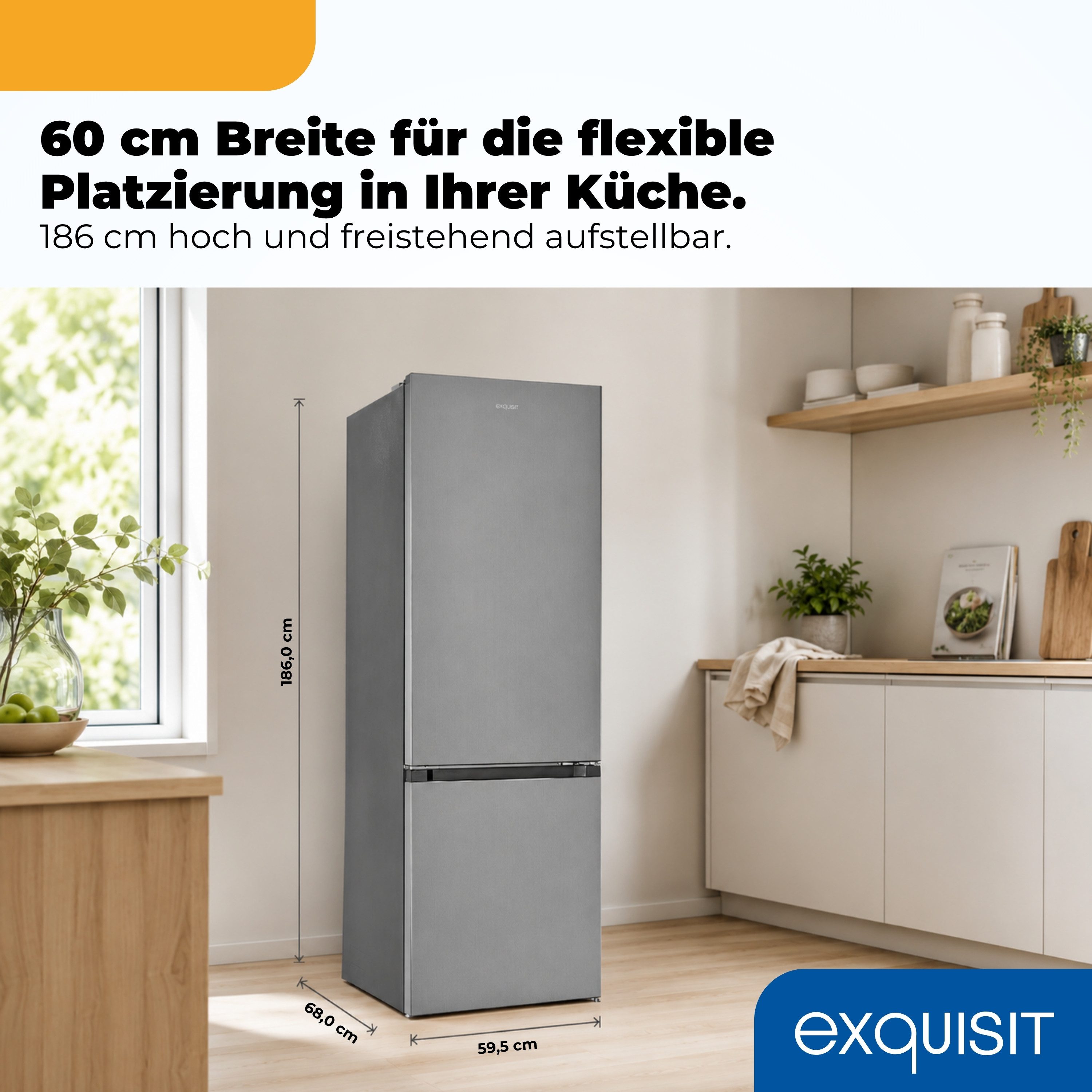 exquisit Kühl-/Gefrierkombination KGC5340-115-NF-040C, 186 cm hoch, 59,5 cm breit, 337 l Nutzinhalt gesamt, 4 Sternefach, Energieklasse C, 39 dB