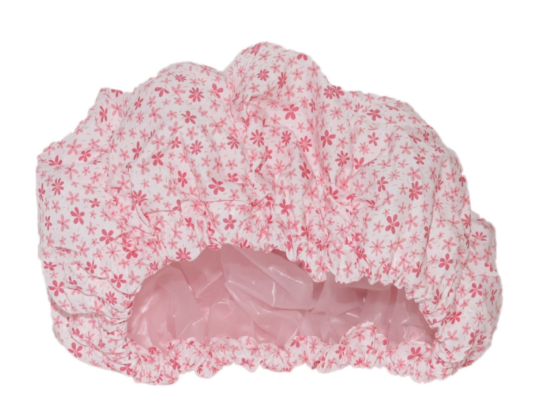 Fashy Duschhaube Fashy - Duschhaube weiß Blumen rosa 3628 Stoffhaube Folieninnenhaube