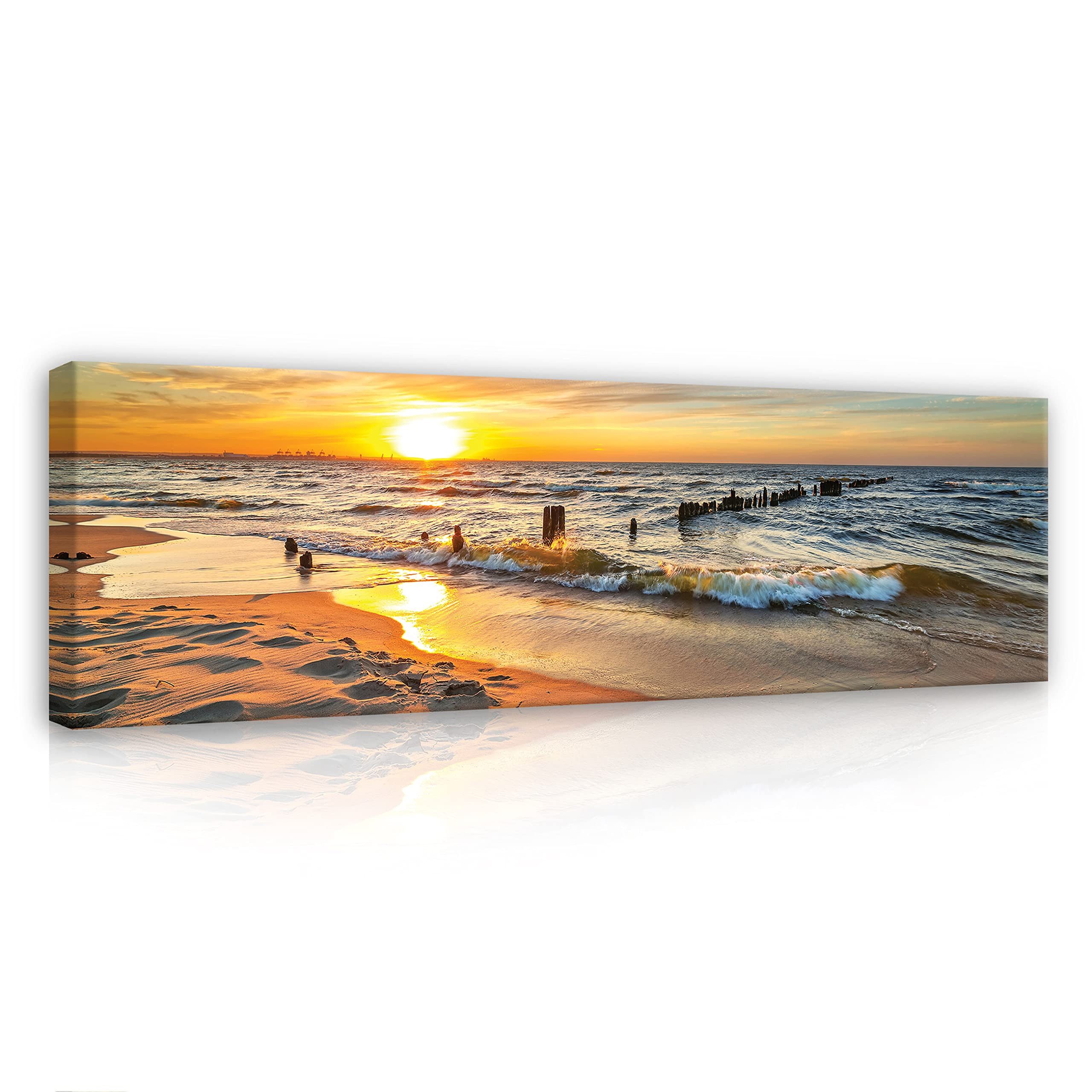 Wallarena Leinwandbild Strand mit Sonnenuntergang in Orange und Blau für Wohnzimmer, Strand (1 St), mit Holzrahmen mit Aufhängevorrichtung wandfertig montiert 145x45cm