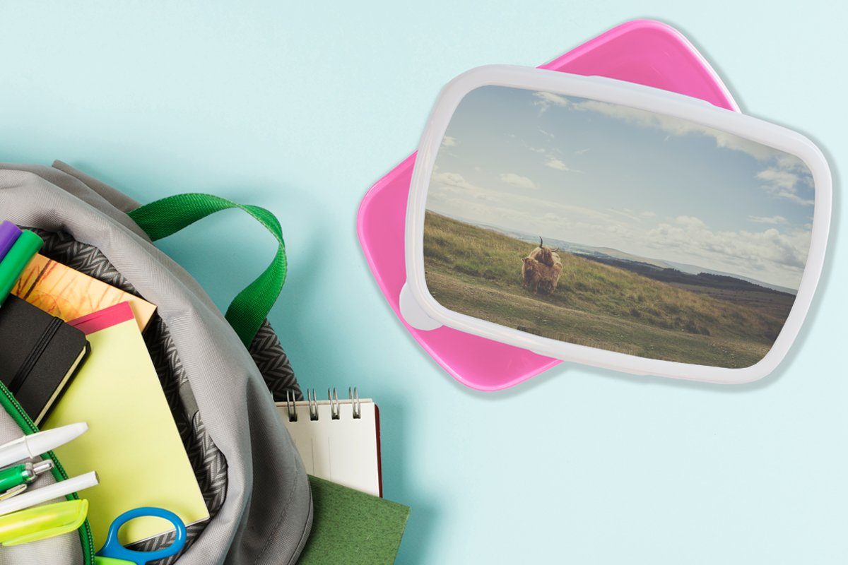 rosa Kunststoff, - Snackbox, Mädchen, MuchoWow Highlander Kunststoff Wolken (2-tlg), Schottische - Tiere, Lunchbox für Brotbox Brotdose - Kinder, Gras Erwachsene,