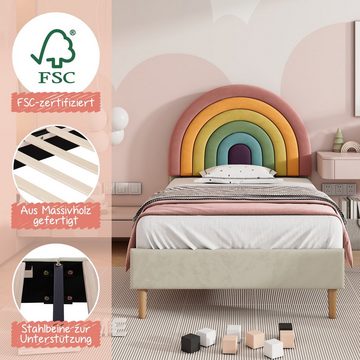 Ulife Kinderbett Polsterbett Jugendbett mit höhenverstellbarem Kopfteil Regenbogen-Samt, Holzlattenunterstützung, 90 cm x 200 cm