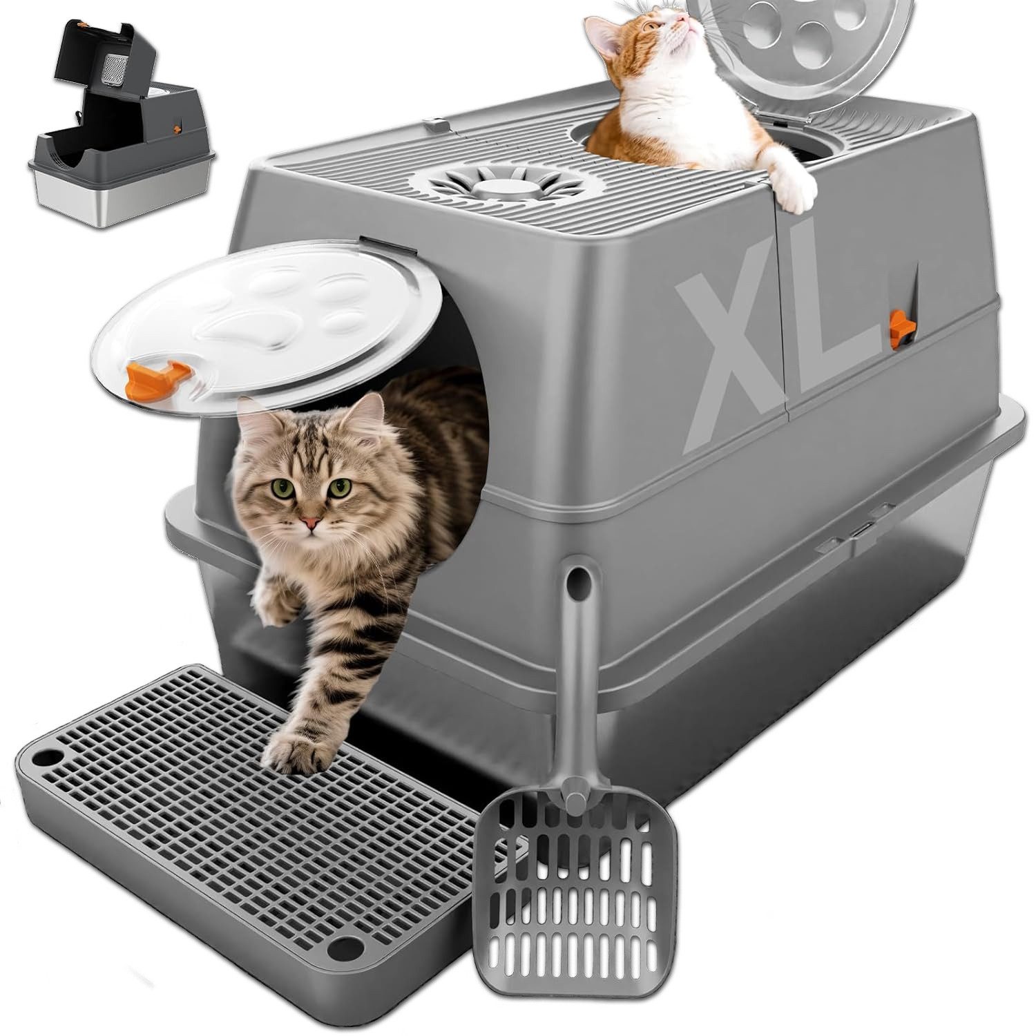 Refined Living Katzentoilette Extra große geschlossene, XXL Edelstahl-Katzentoilette, 60x40x39 cm, mit Stufe, XL, Zwei-Eingang, Geruchshemmend, Antihaft, 60*40*39CM